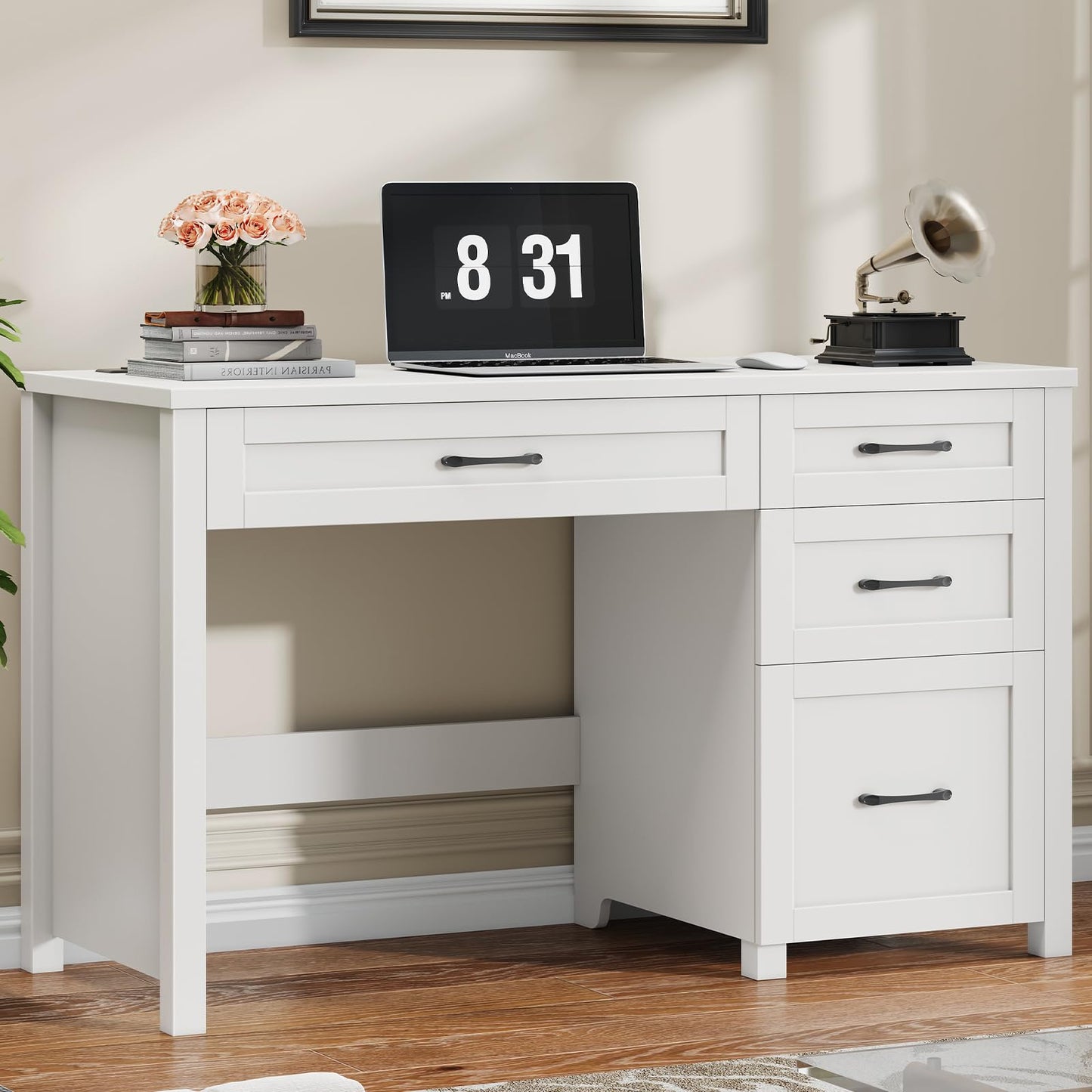 Halitaa Farmhouse 47" Executive Desk, Computer Desk with File Drawer and Charging Station, Workstation for Home Office, Study(Cream White)