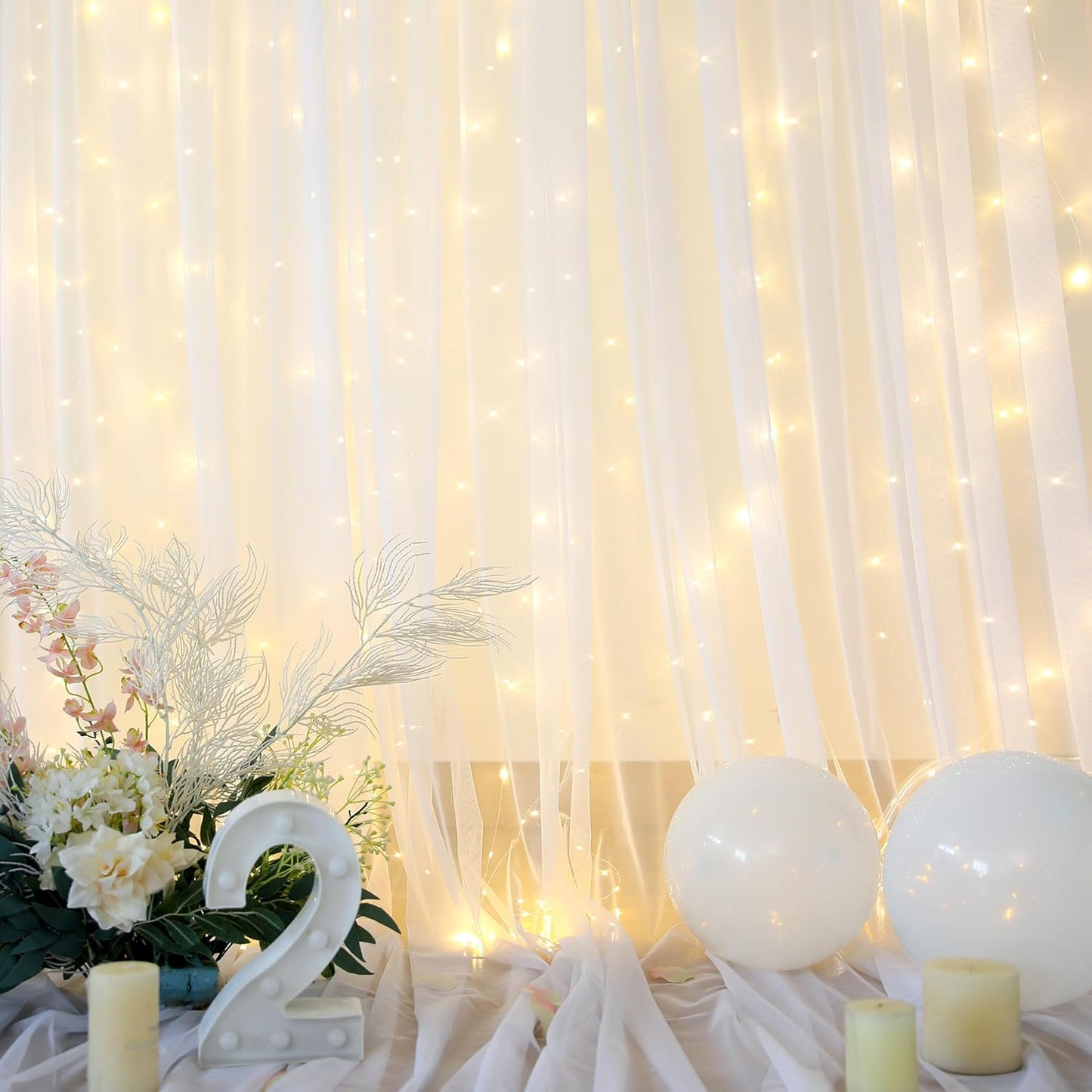 Suppromo 108ft Decorations(2 10ft8ft) White Tulle Backdrop Curtain with Lights String for Parites Sheer Backdrop