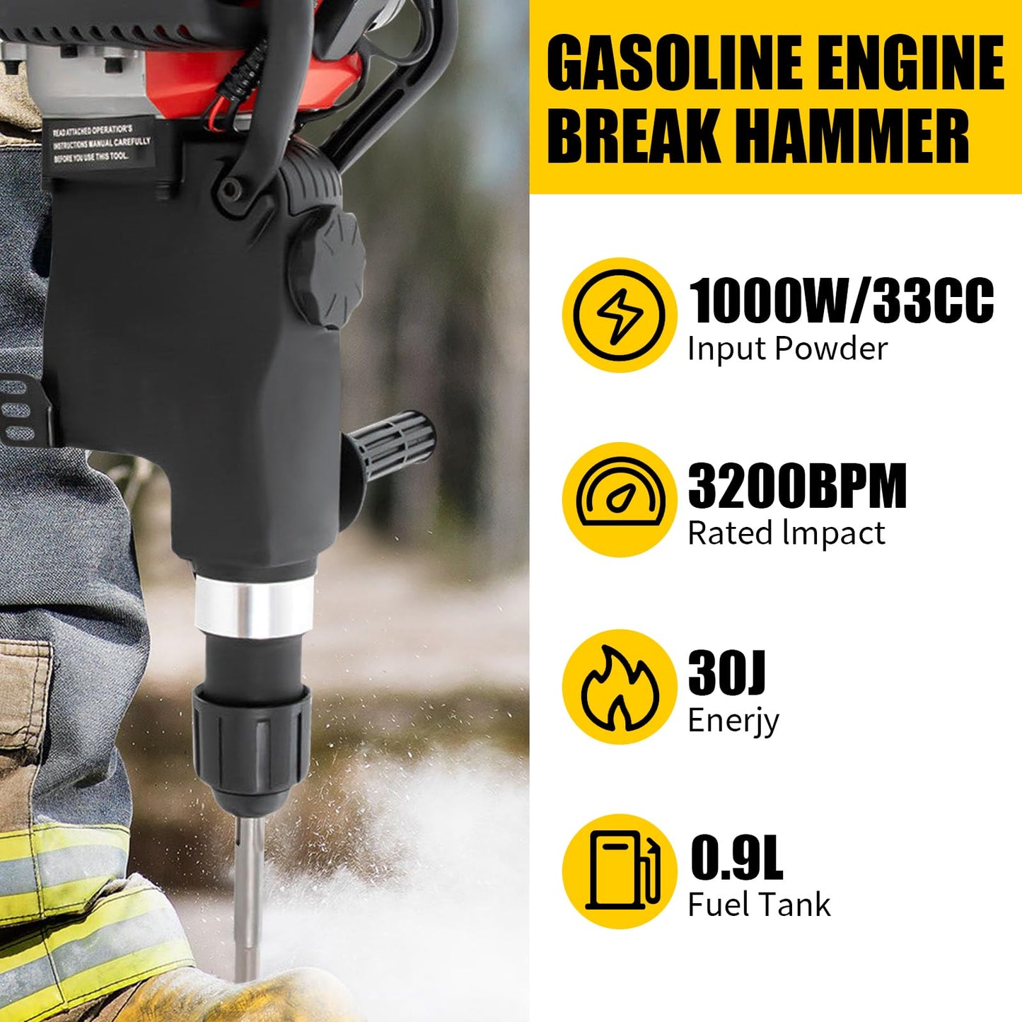 Qrooviiy Jack Hammer,1000W 5300RPM 2-Stroke Jack Hammer Concrete Breaker with 2 Pickaxes 3 Drills,3-in-1 Gas Powered Demolition Concrete Breaker for Trenching,Chipping,Breaking Holes