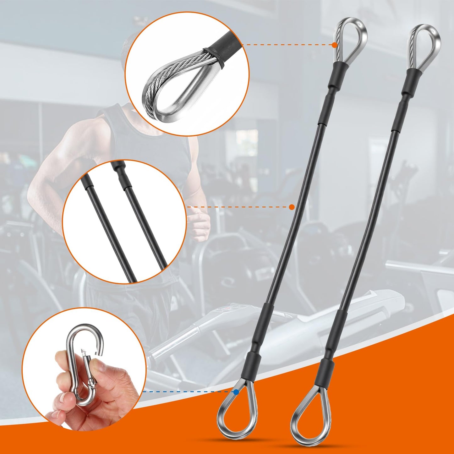 2PCS Gym Cable Extension, 0.2" Thick Pulley Cable Machine Attachment Fitness Extension Steel Wire Rope Replacement, Compatible with Home Gym for Lat/Tricep Pull Down, Leg Extensions Machine(10")