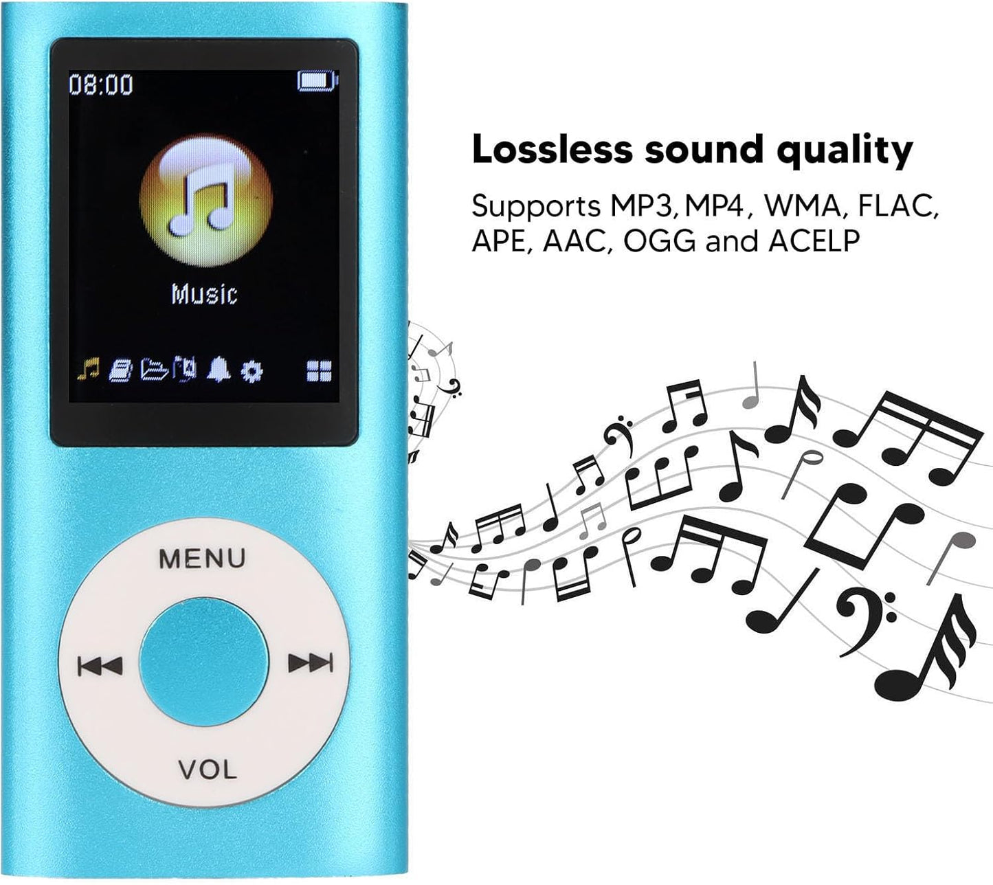 MP3 64G 1.8 8h Player, Stylish Portable Lossless Sound Music Player with Earphones, Support Memory Card, Sleep