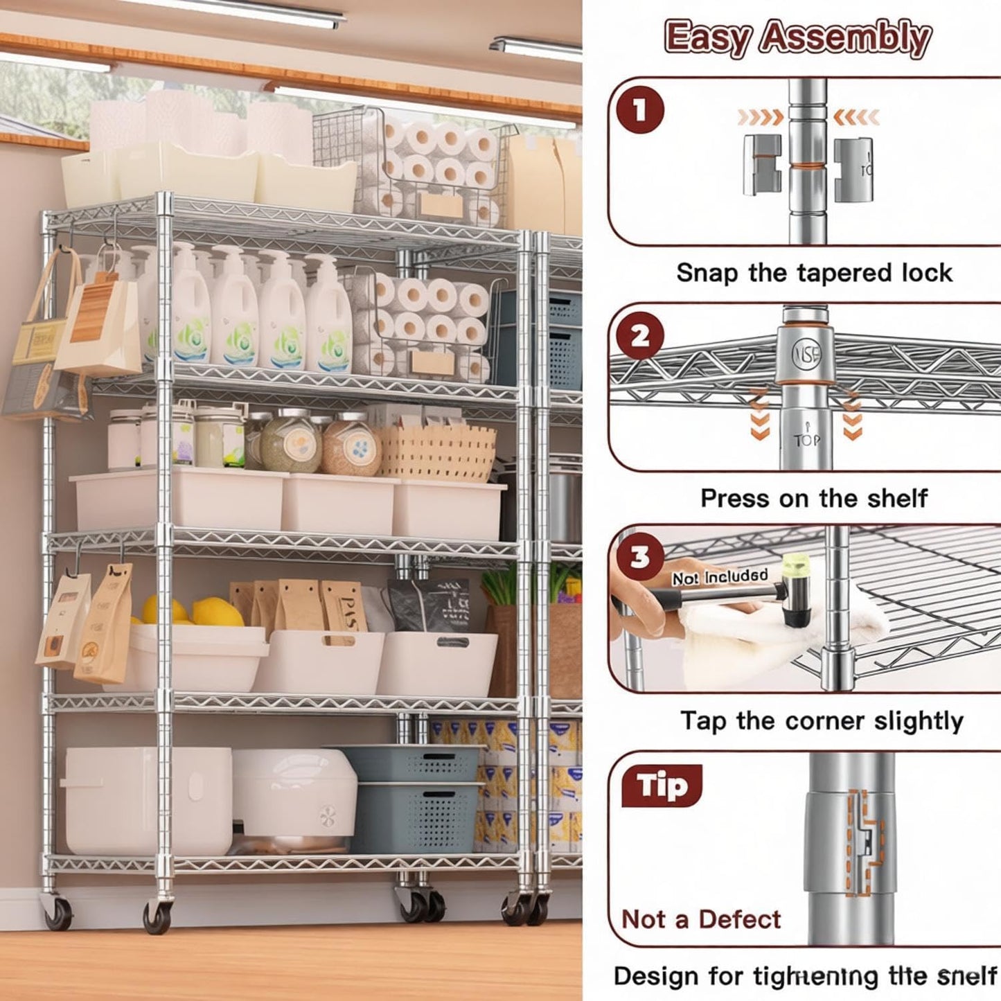 Xcity Storage Shelves, 5 Tier Heavy Duty Metal Shelving Unit with Wheels, 2000 LBS Adjustable Steel Wire Shelf for Commercial, Pantry, Kitchen, Garage, 18" D x 36" W x 72" H, Chrome