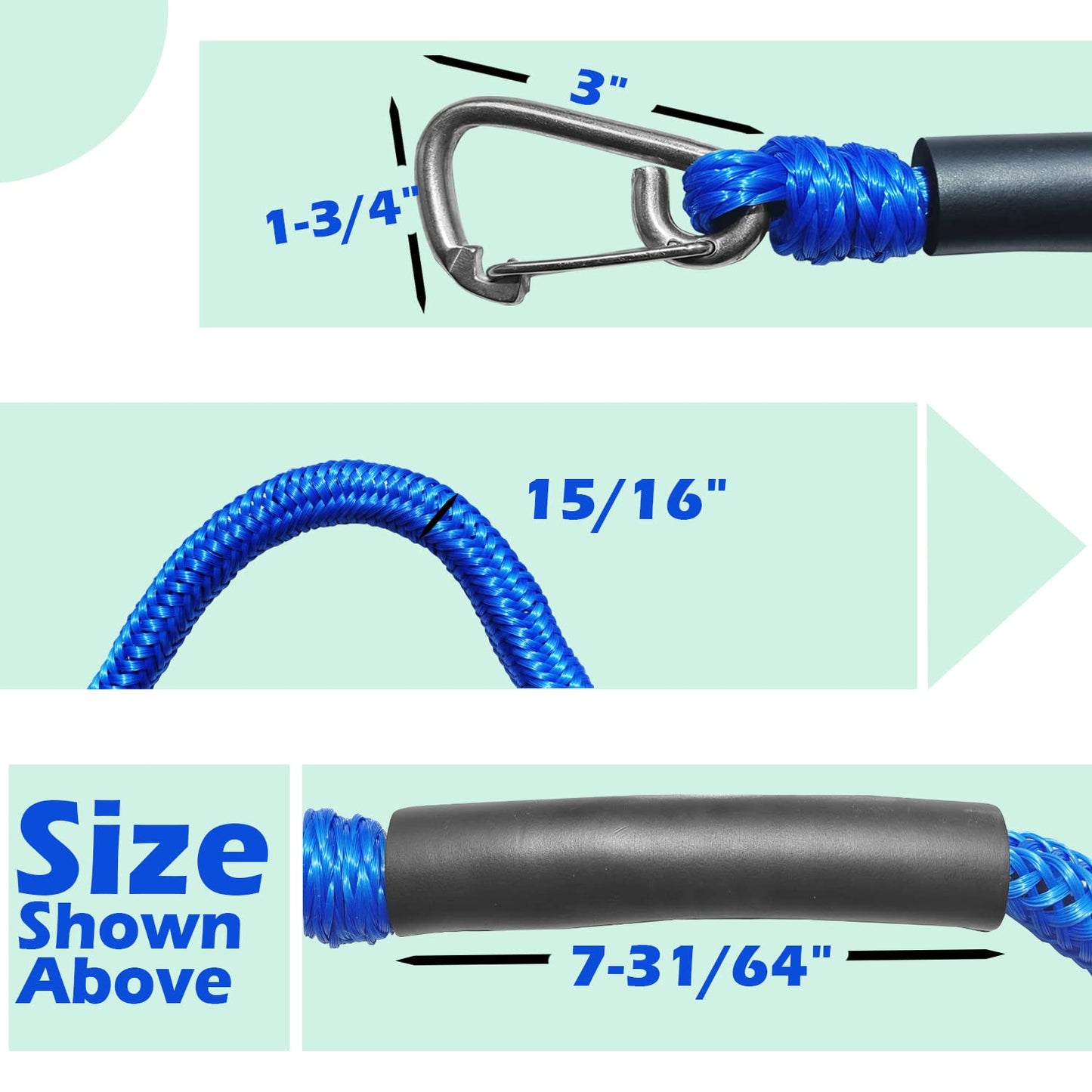 ZRSCHYG Blue Bungee Dock Lines 2-Pack with Double Hooks & Floating Tubes – Heavy Duty Boat Ropes for Jet Ski, Pontoon, Kayak – 4ft to 6ft, 316 Stainless Steel, Shock Absorbing
