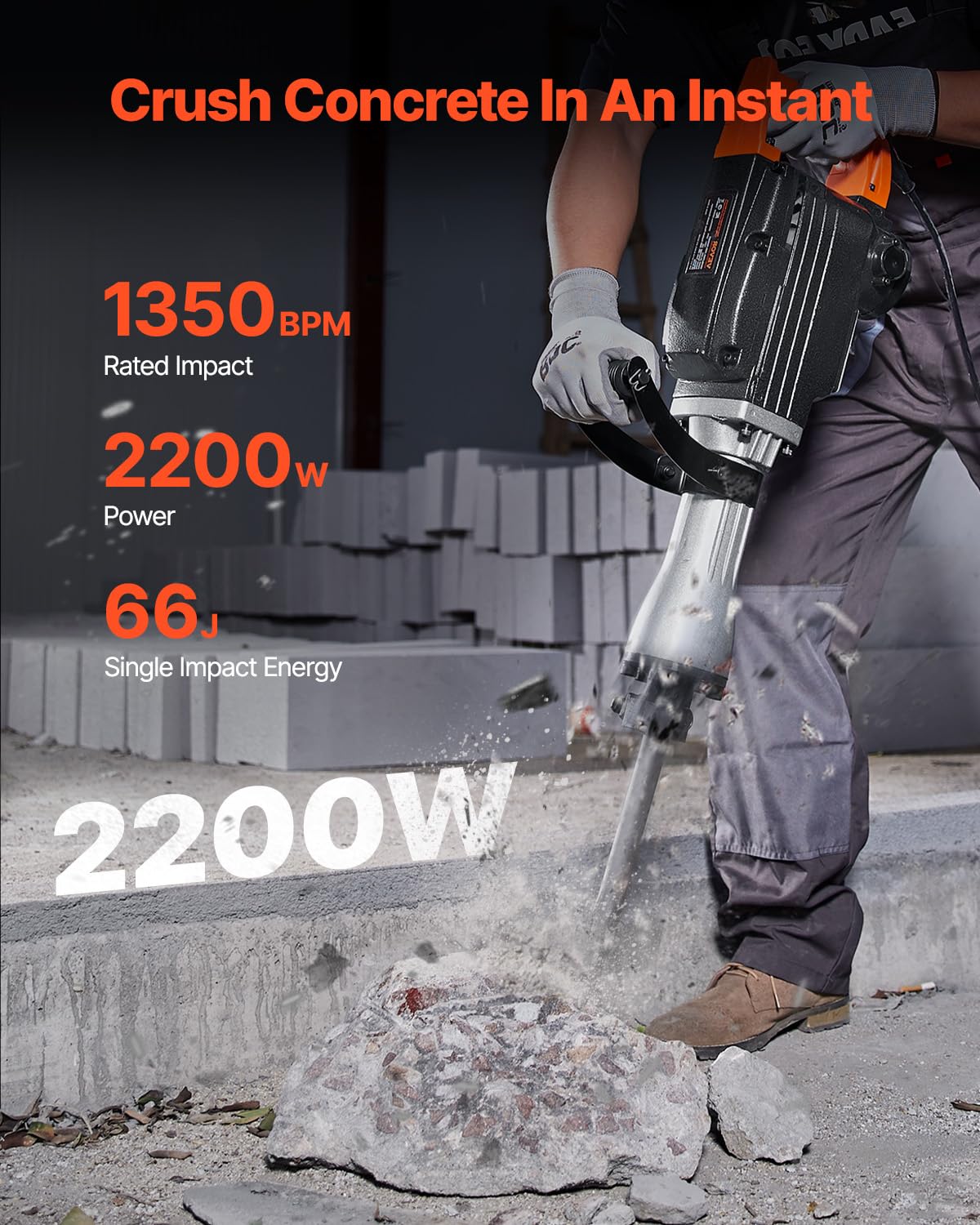 VEVOR Demolition Jack Hammer, 2200W Electric Jack Hammer Concrete Breaker, 1350 BPM Heavy Duty - 4pcs Chisels Bit with Case, Black
