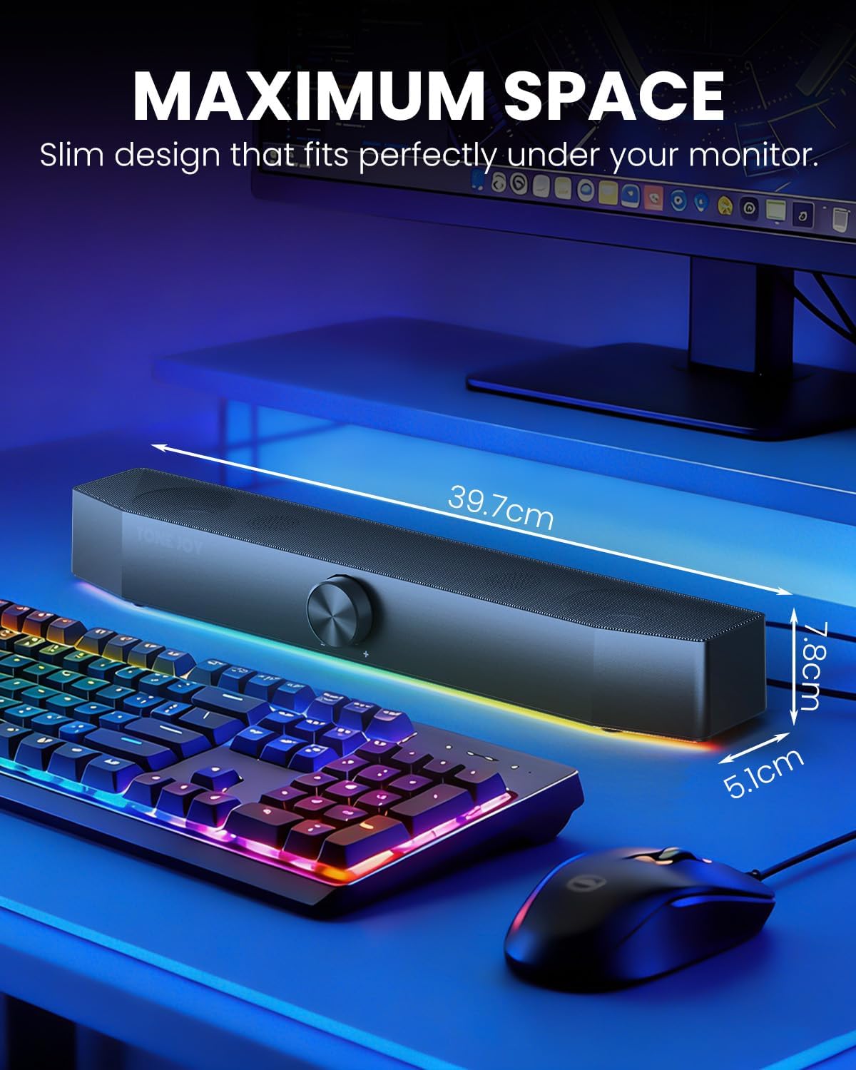 TONE JOY 2.0 3.5mm Computer Speakers for Desktop, Channel PC Speakers with Bottom Glow LED Light, Clear Sound Soundbar