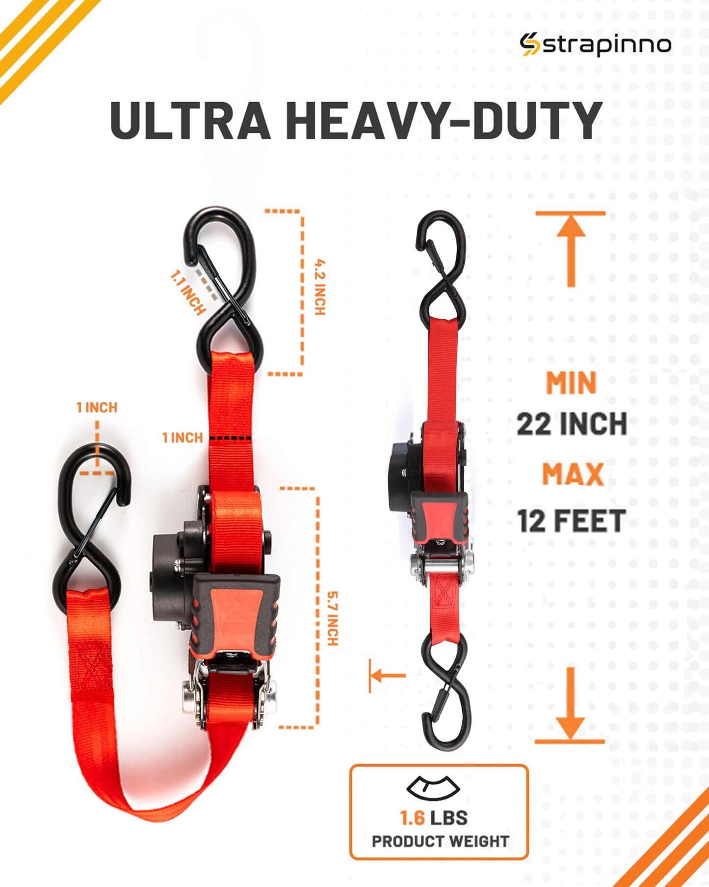 Strapinno Retractable Ratchet Straps - 1 in x 12 ft Heavy Duty Tie Downs, 1800lbs Breaking Strength Each, S Hooks with Safety Clip, AutoRetract, for Moving, Motorcycle, Boat, Kayak, and Cargo (4 PCS)