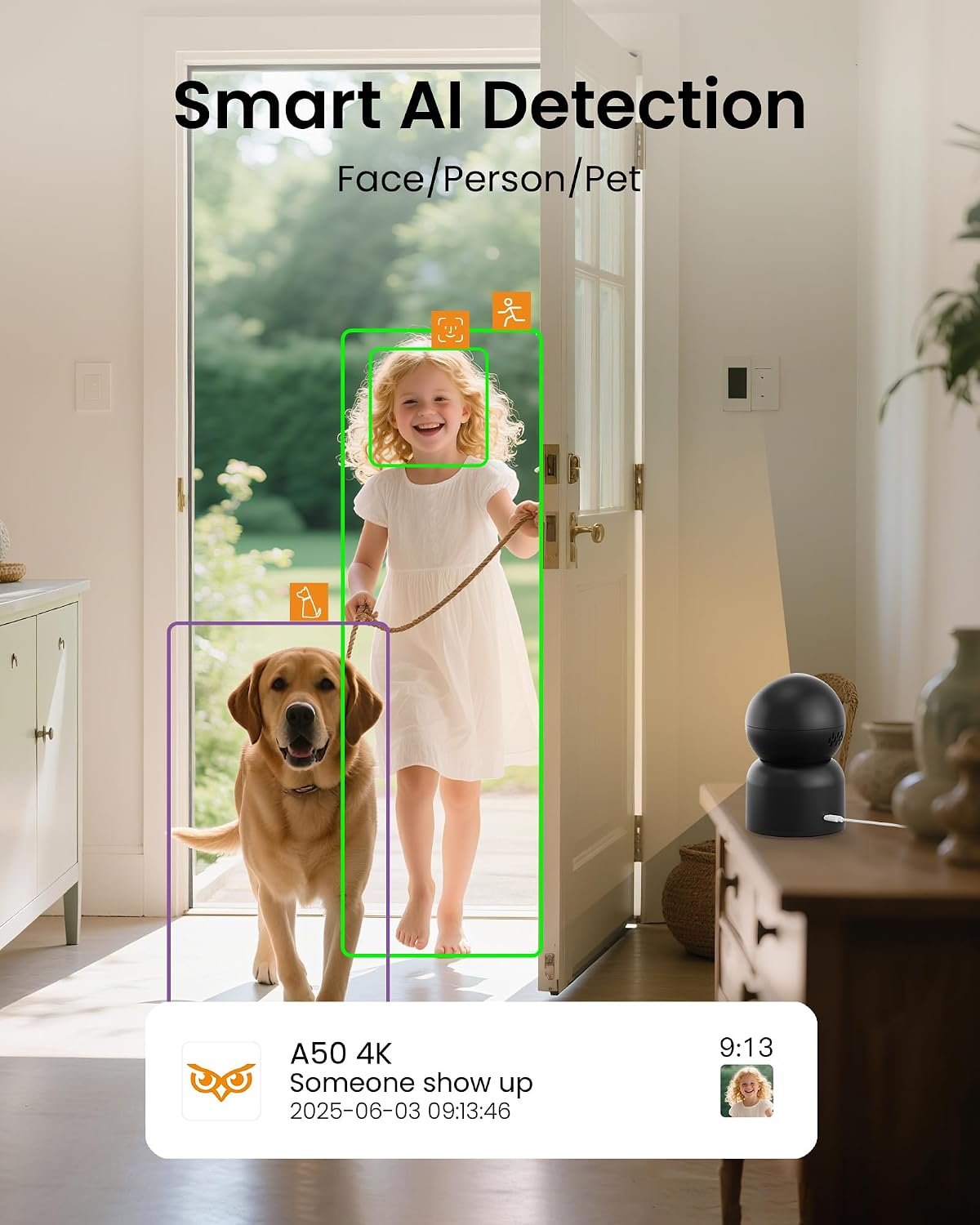Anlapus A50 4K 2.4/5 64G Pan/Tilt Home Indoor Security Camera, Plug-in WiFi Pet/Baby Monitor with One-Touch Call, AI