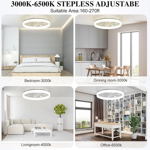 Ceiling Fans with Lights and Remote Fandelier - White 20'' Flush Mount Low Profile Modern Ceiling Fans for Bedroom - Stepless Color Temperature and 6 Speeds, White