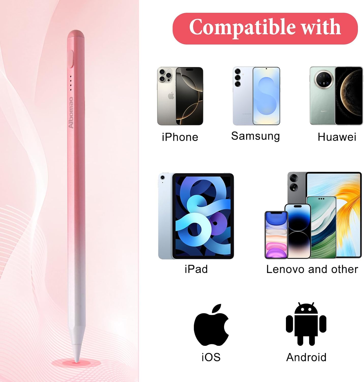 Albomao 4 Universal Stylus Pen for iPad iPhone Android Tablets, No Bluetooth or Pairing Needed, USB-C Fast Charging