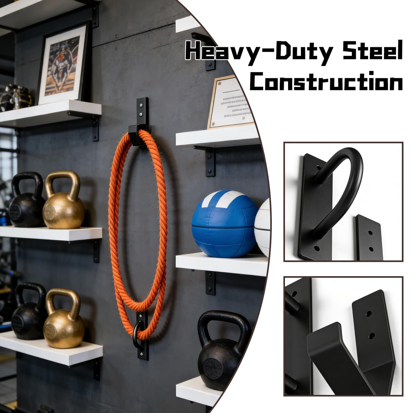 Heavy Duty Steel Battle Rope Wall Anchor Kit with Storage Hook, Fitness Rope Wall Mount for 30-50 Feet 1"-2.5" Battle Ropes