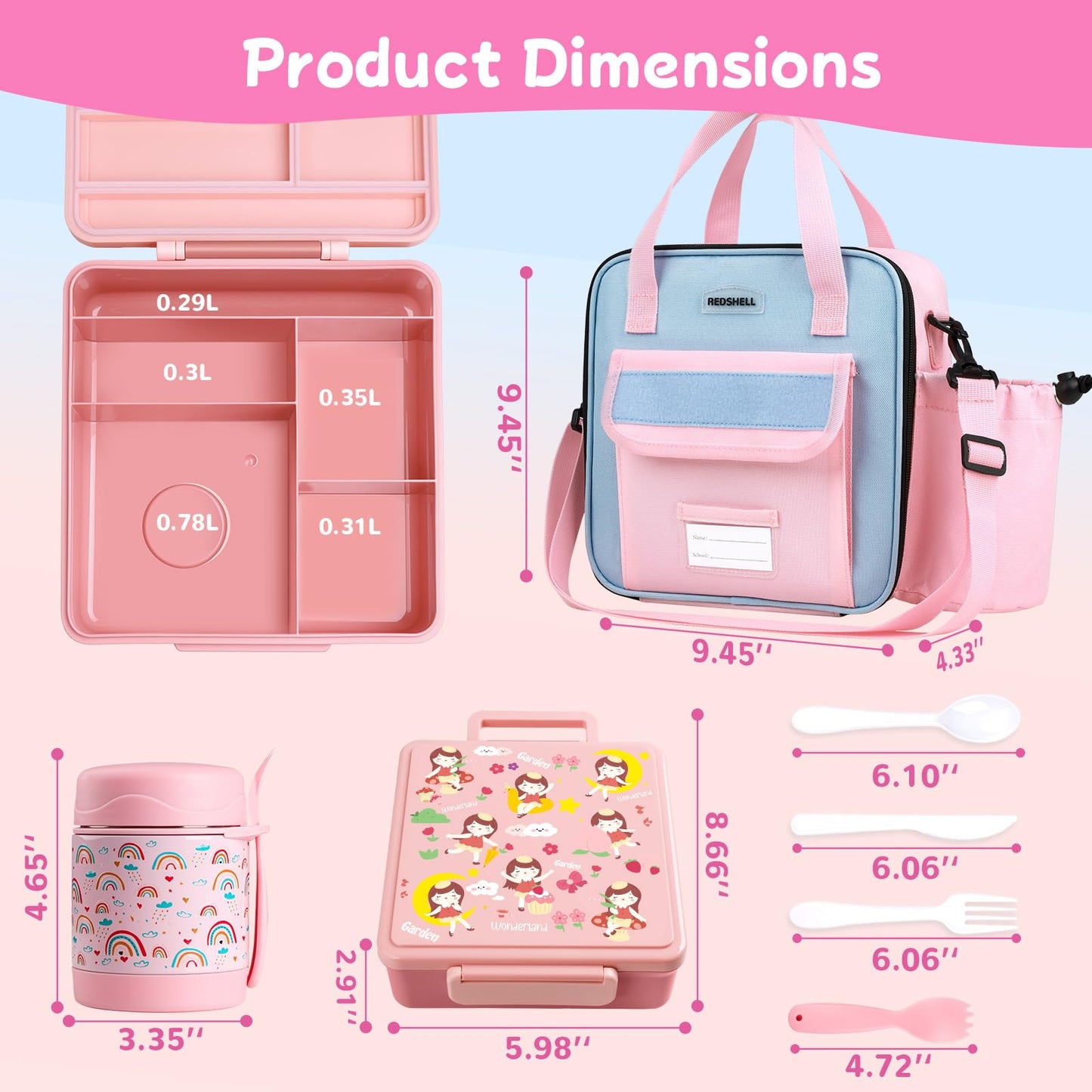 REDSHELL Bento Lunch Box for Kids Set, Leakproof Food Jar Pail with Insulated Bag, Toddler Snack Container Lunchbag for Girls Daycare, Back to School Lunchbox Kit, Includes Bottle Holder Strap, Pink