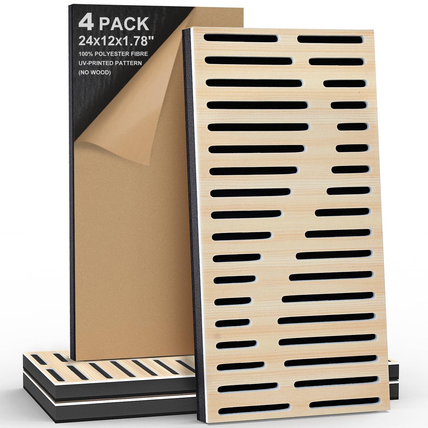 4Pack Acoustic Wall Panel Self-Adhesive Soundproof Foam Panels for Wall, 3D Perforated Tri-Layer Polyester Fiber Decorative Acoustic Insulation for Recording Studio, Office, 24×12×1.78", Regular-Line