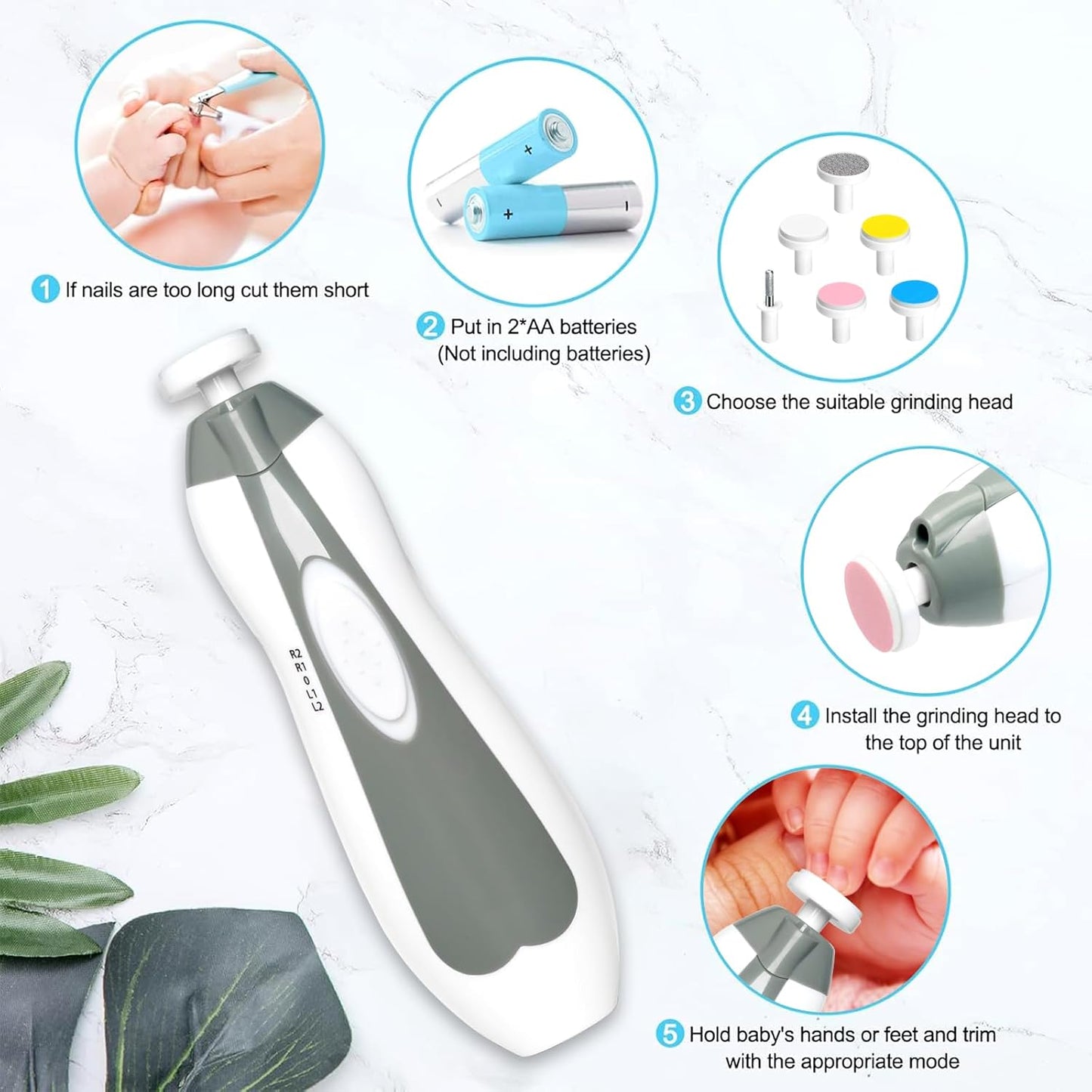 Skiennix Baby Nail Trimmer - 6-in-1 Electric Grooming Kit for Infants & Adults | Grey Color