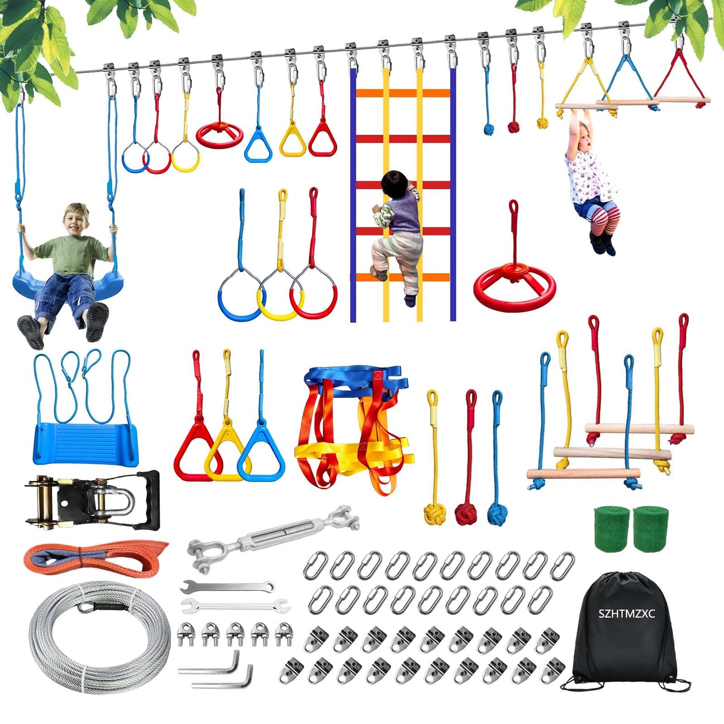 SZHTMZXC Ninja Warrior Obstacle Course for Kids Backyard Outdoor, 55ft Stainless Steel Main Cable, No Sagging, No Fraying, Weatherproof, 15 Ninja Training Accessories, Climbing Net, Swing, Wheel
