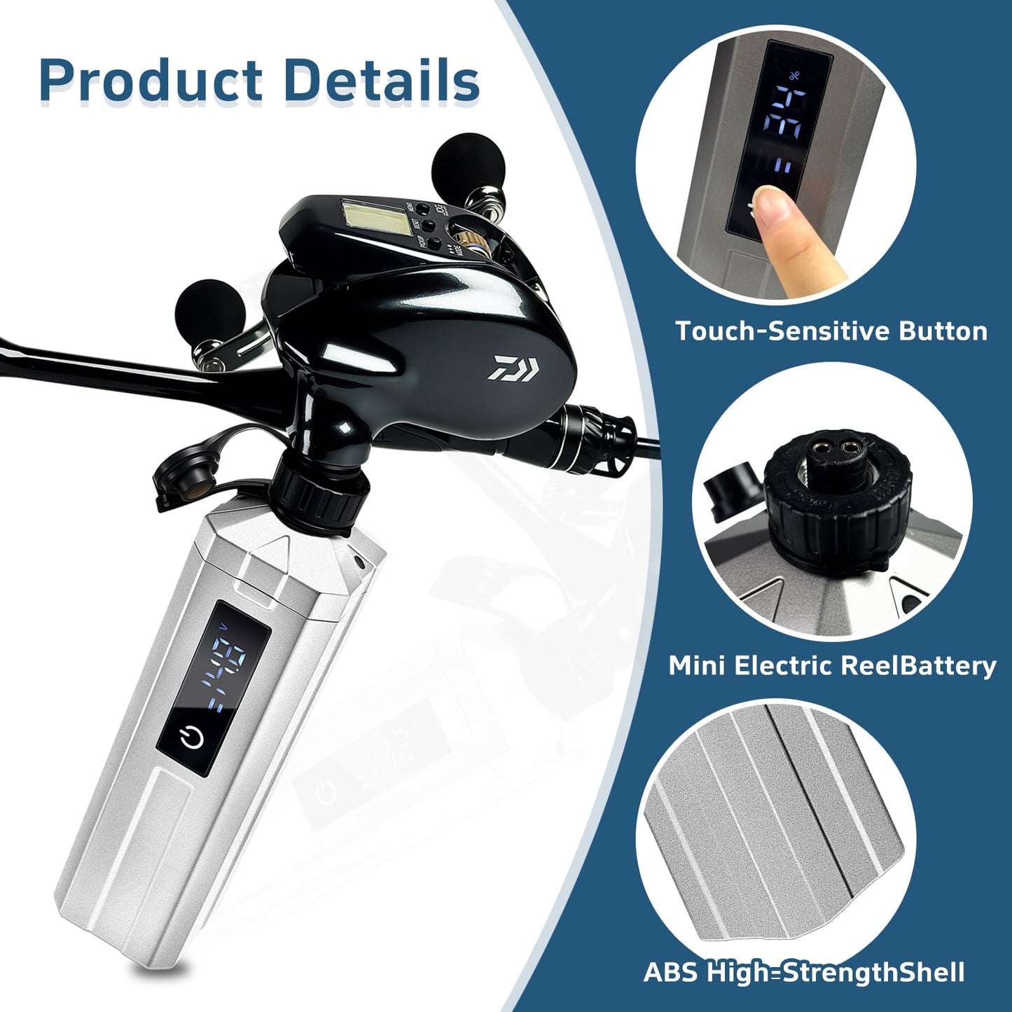 YL-HLOT electric fishing reel battery. IP68 waterproof. Rust prevention. Latest model with digital LED display. Includes 4.9ft power cord. Compatible with Daiwa & Shimano electric reels (Silver. 10Ah)