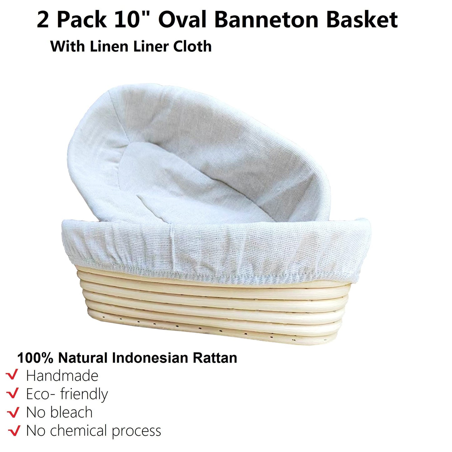 2 Pack 10 Inch Oval Bread Proofing Basket,Banneton Basket Bread Baking Bowl with Linen Liner Cloth, for Professional & Home Bakers Baking