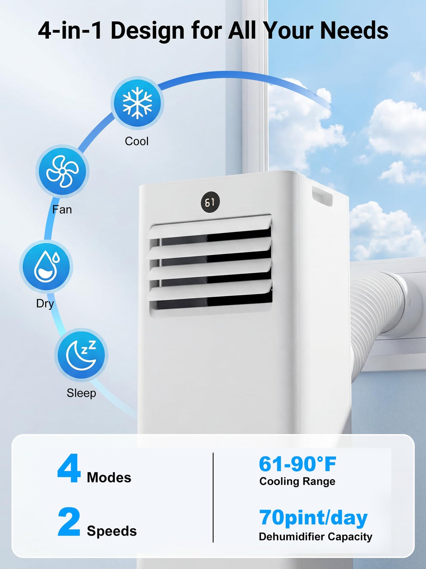 MEPTY 8000BTU Portable Air Conditioners, Portable AC Unit with Dehumidifier, Sleep Mode, 24H Timer, Cools Room up to 350 sq.ft, Room Air Conditioners with Auto-evaporation System for Bedroom