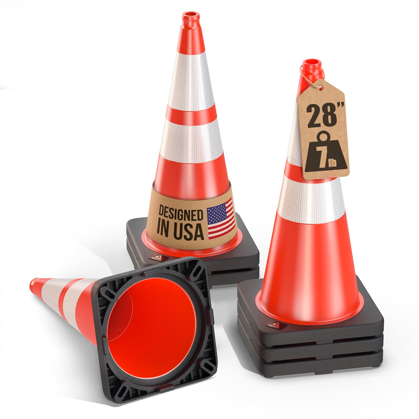 GECCO ™ (6 Pack) 28 Inch 7 Lb Heavy Duty Orange Traffic Cones Set | Durable Safety Cones, Orange Cones, Parking Cones, Construction Cones, Road Cones | PVC Plastic & Black Base - [PRO Series]