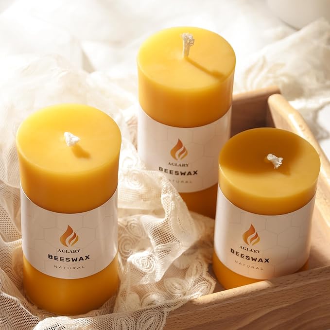 6PCS Beeswax Pillar Candles,Large Handmade Pure Beeswax Candle,Long Lasting Burn Time，Unscented Smokelessï¼? * 3",20H, Raw