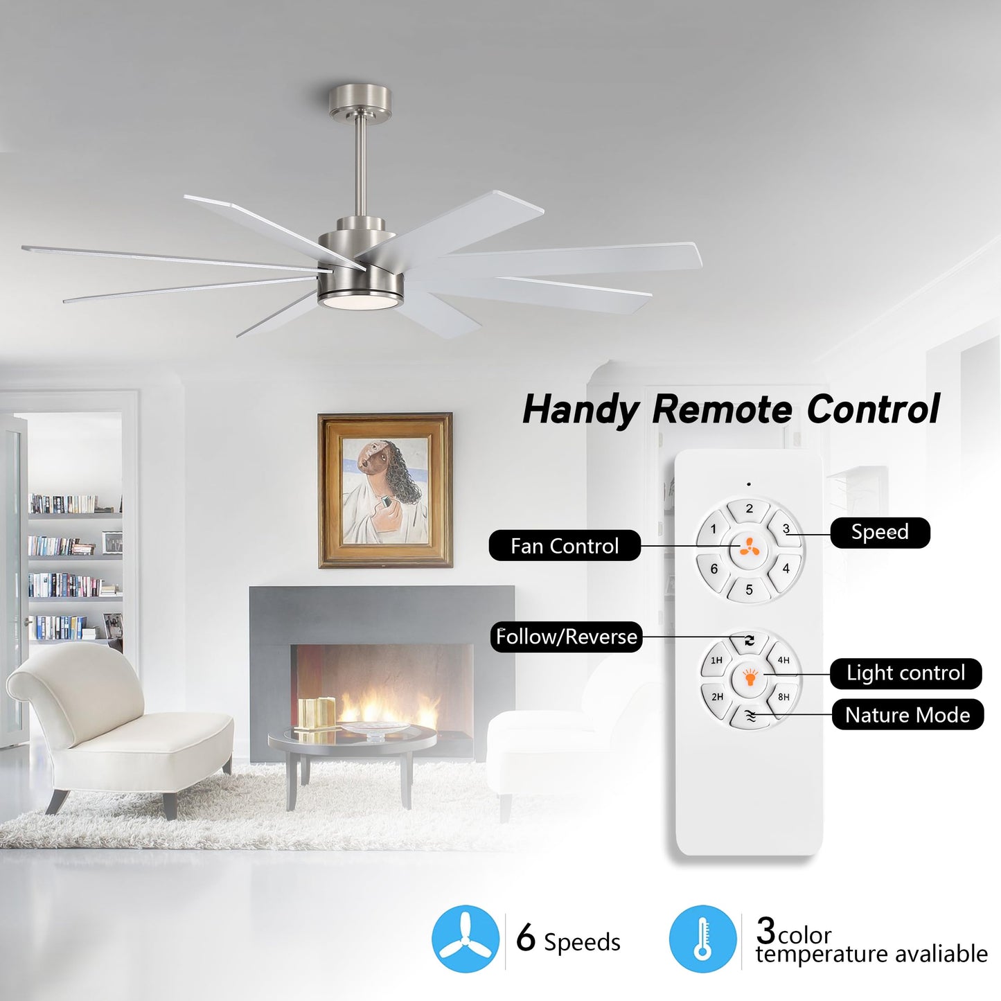 WINGBO 72" Large DC Ceiling Fans with Lights and Remote, 3 Downrods, 8 Plywood Blades, 6-Speeds Reversible DC Motor, 3CCT, Indoor Ceiling Fan for Bedroom Living Room Patio, Brushed Nickel and Silver