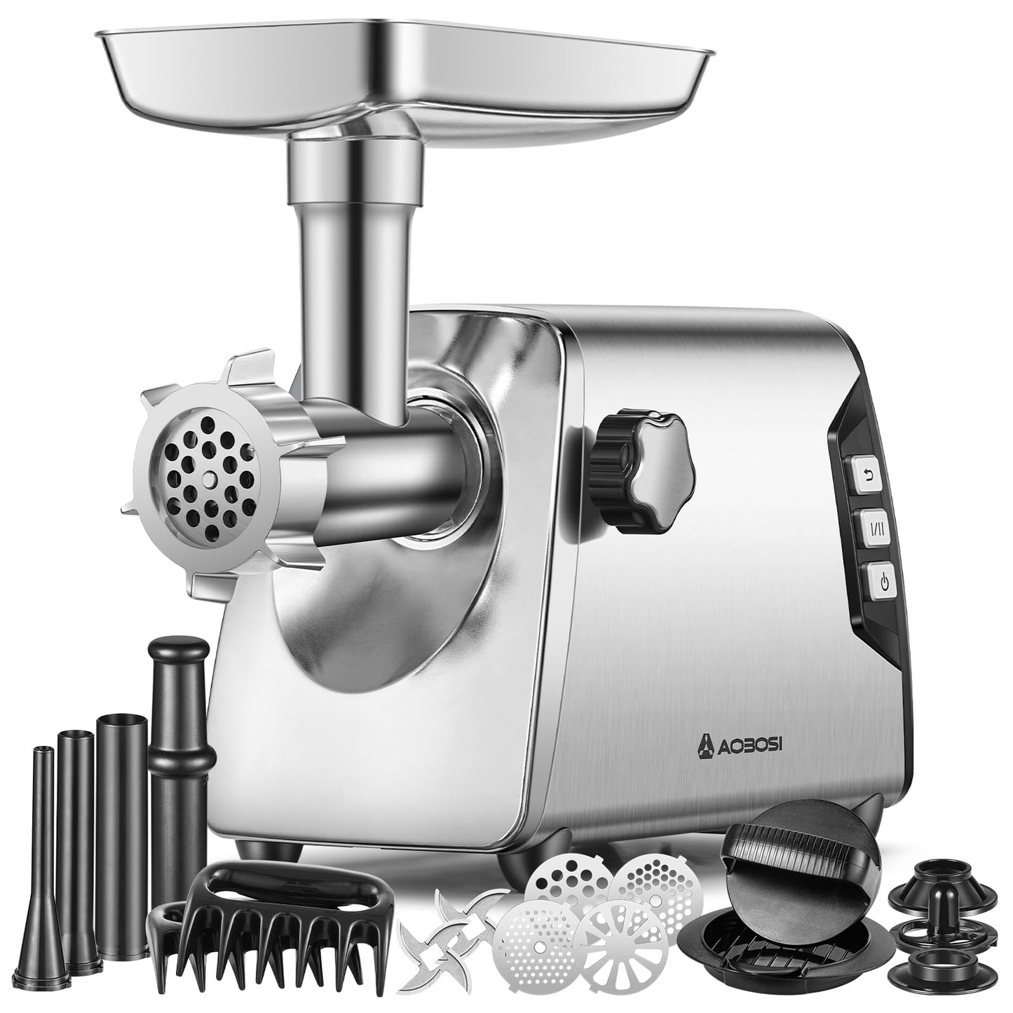 AAOBOSI #12 Meat Grinder, [3000W] 3 Speed Meat Grinder Heavy Duty: Built-in Storage Box, 2 Blades,4 Plates,3 Sausage Stuffers,Kibbe Kit,Meat Claw & Burger Press, for Home & Kitchen Use