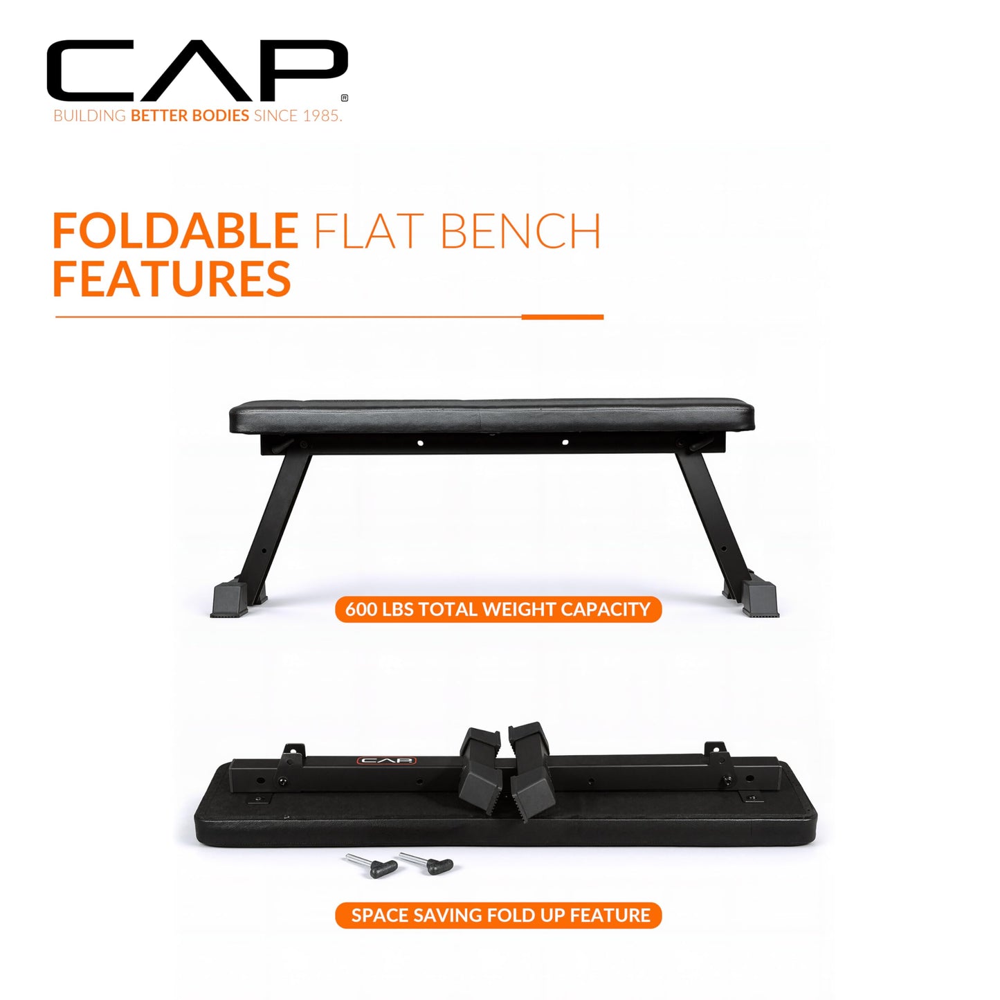 CAP Barbell Foldable Flat Weight Bench | Folding Workout Bench with Steel Frame, Thick Box-Stitched Padding & 600 LB Capacity | Compact Home Gym Strength Training Bench