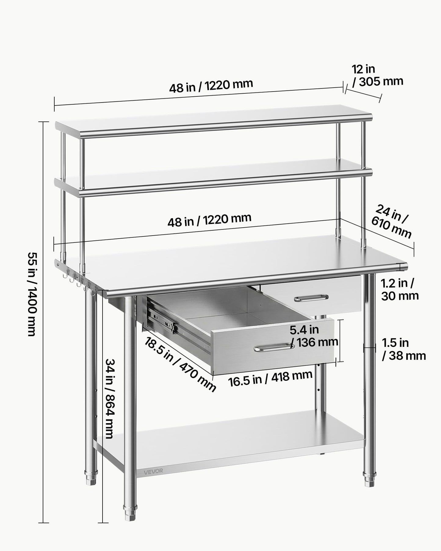 VEVOR Stainless Steel Work Table, 24x48 Inch Food Prep Table with Overshelves and 2 Drawers, Commercial Kitchen Workstation with Adjustable Undershelf, Metal Utility Worktable, for Restaurant Garage