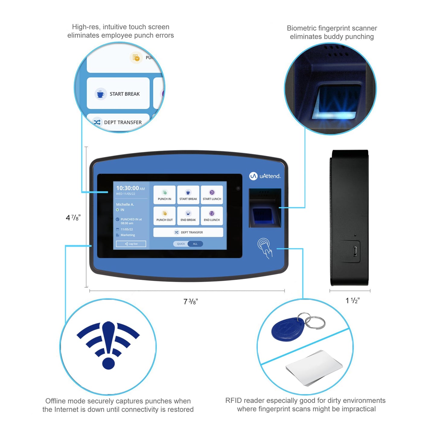 uAttend NX2500 Biometric Fingerprint, RFID, PIN Time Clock for Small Business – Cloud-Based Attendance System with Optional Payroll Integration – All-in-One System
