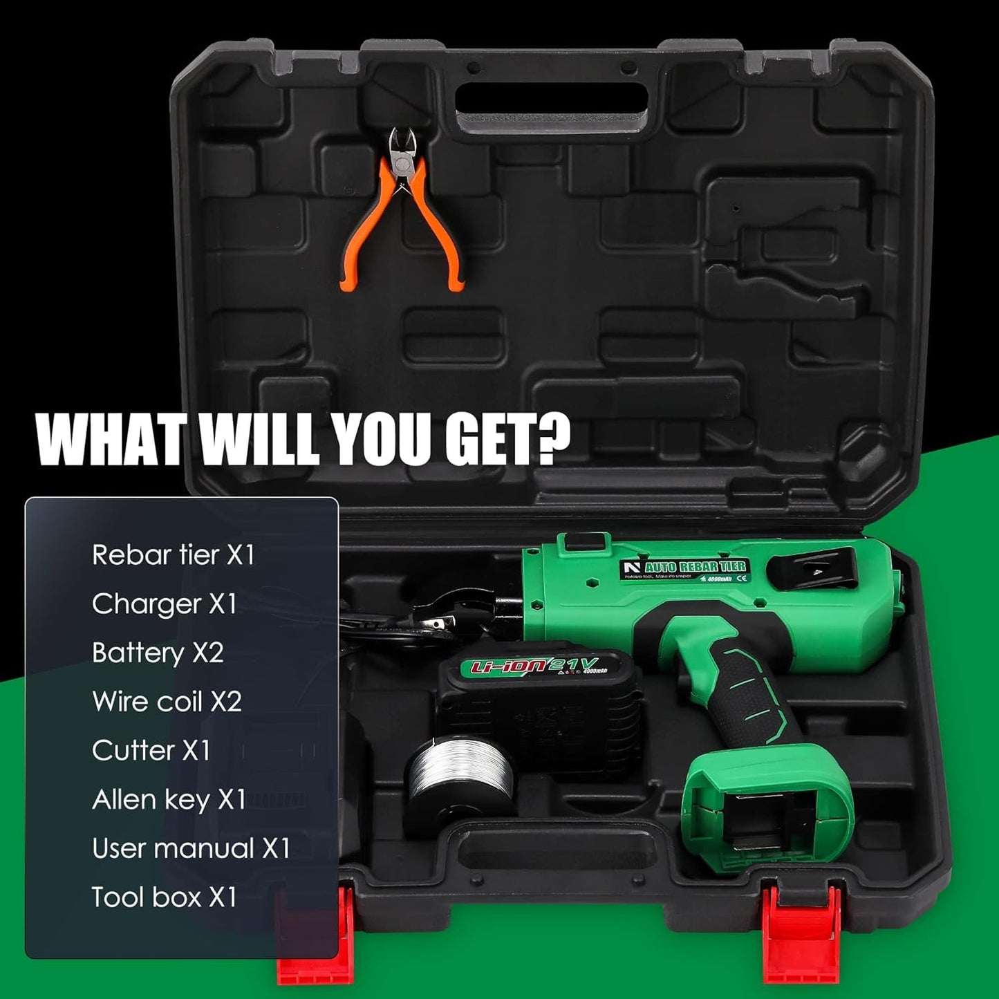 NEWTRY Cordless Rebar Tying Gun with 2x2000mAh Batteries, Automatic Rebar Tier Tool for 0.3" to 1.33" (7-34mm) Steel Rebar, Portable Electric Rebar Tie Tool