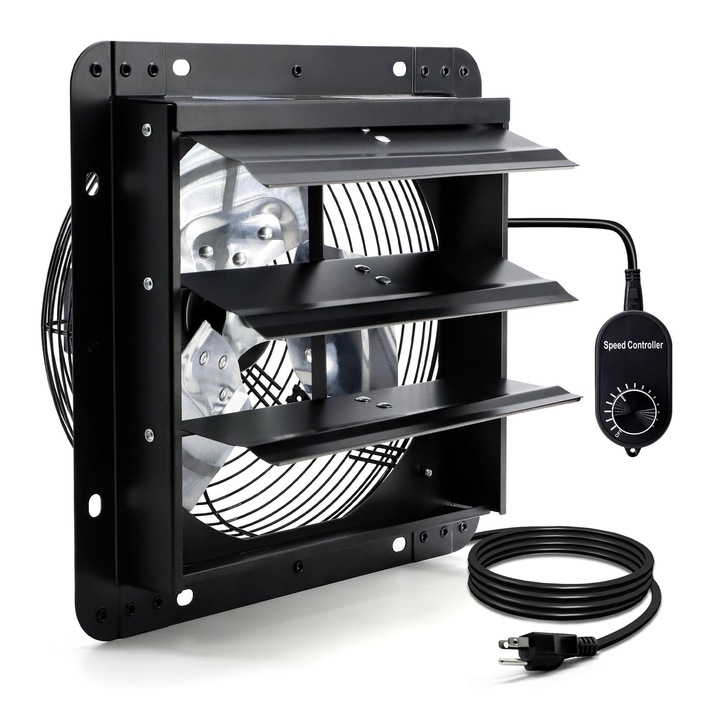 Hipoilk 12 Inch Shutter Exhaust Fan for Greenhouse, Shed, Garage, Barn, Chicken Coop Ventilation, Wall Mount Attic Fan with Speed Controller and Power Cord, 970 CFM, Black