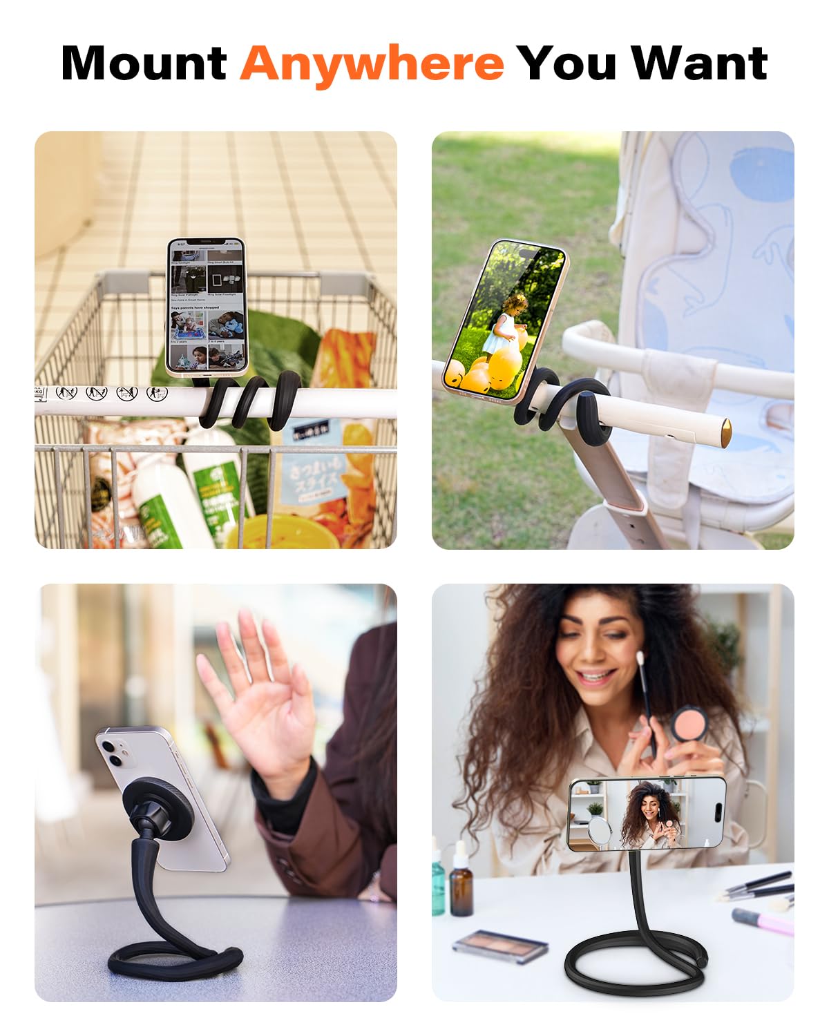 A2C Flexible Gooseneck Phone Holder for iPhone Magsafe, Long Arm Gym Magnetic Phone Holder for Treadmill Peloton, Portable Fitness Home Gym Accessory, Phone Mount for Stroller/Shopping/Golf Cart/Desk