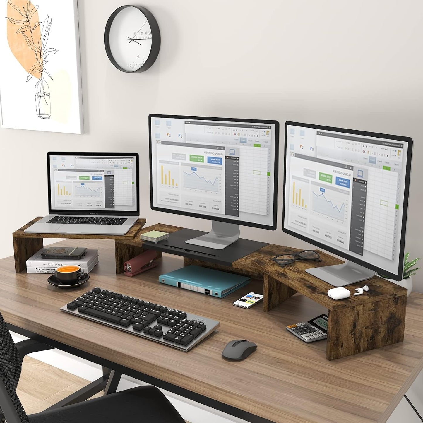 1~2~3 3 WESTREE Triple Dual Monitor Stand Riser, Extra Long Monitor Stand for Monitors, Monitor Stand with Length