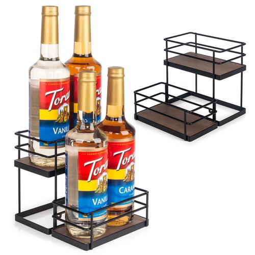 kimilus 4 Bottle Capacity Coffee Syrup Organizer 2 Tier Coffee Syrup Stand Shelf for Coffee Bar Kitchen Small Wine Rack for Bar Family Storage for Syrup Wine Dressing