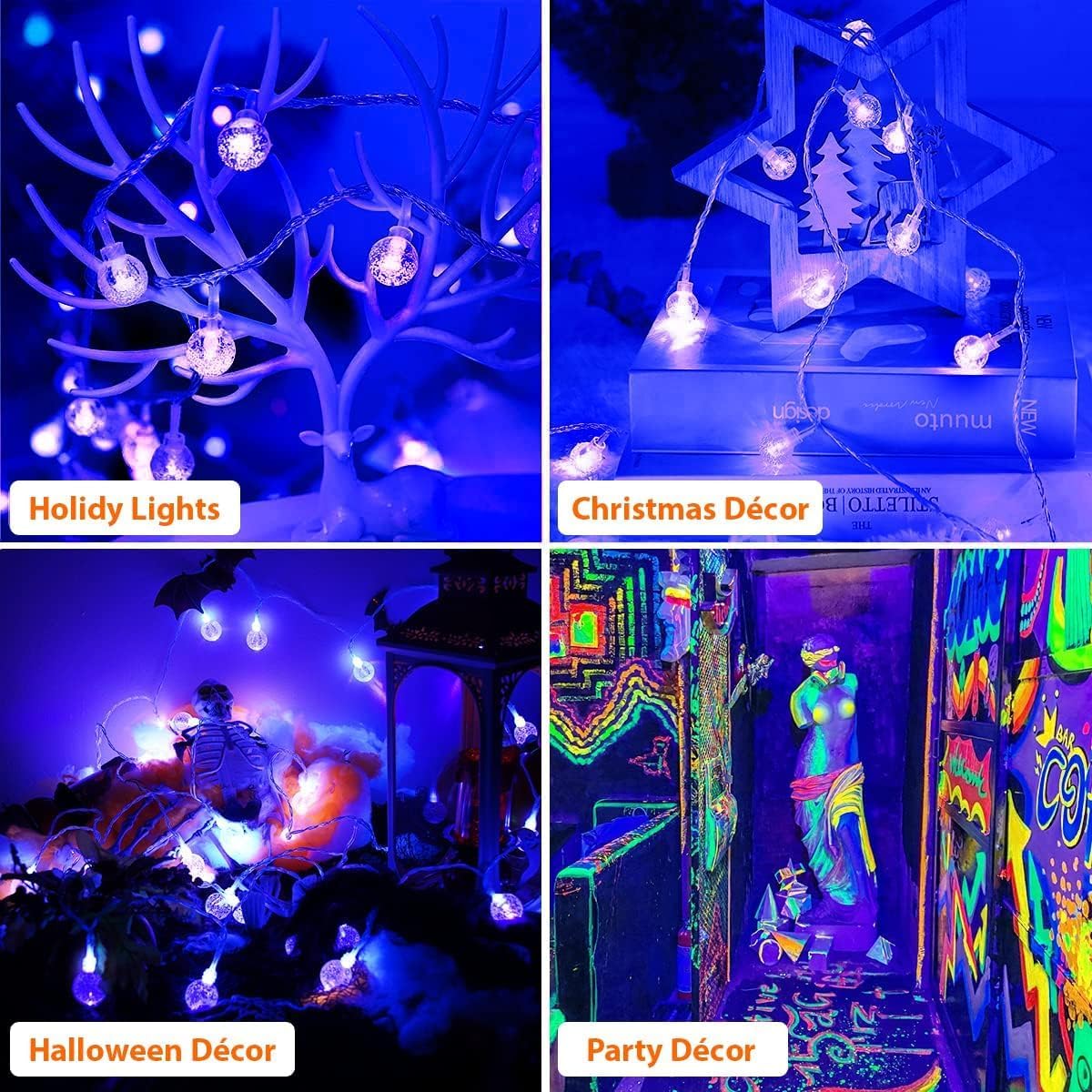 OMIKA Globe Fairy Lights - 15Ft 30LED Battery Operated UV Black String Lights with Remote | Waterproof Indoor/Outdoor Decor
