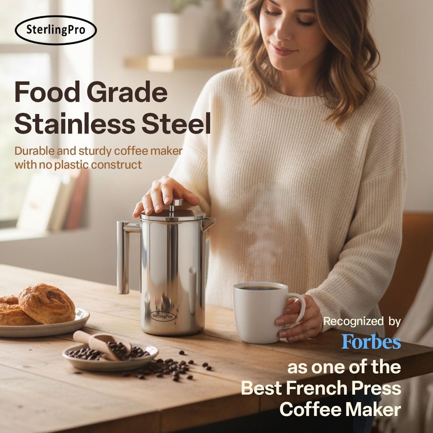 SterlingPro 1.5 L 51 oz Mirror Large French Press Coffee Maker and 2 Pack Replacement Screens Bundle Stainless Steel Double Wall Insulated for Tea and Coffee
