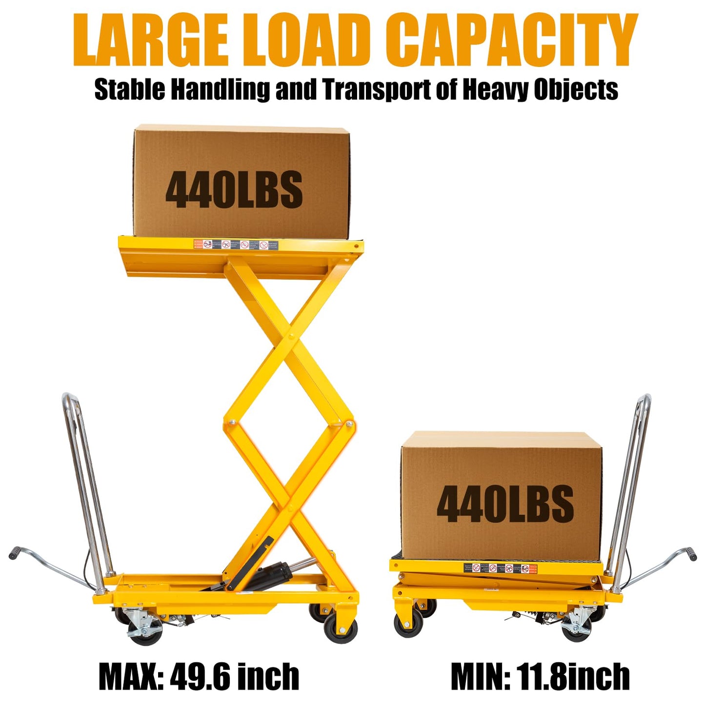 Hydraulic Lift Table Cart, 440lbs Capacity 49.6'' Max Lift, Double Scissor Lift Table w/4 Wheels & Non-Slip Pad, Heavy Duty Hydraulic Platform Lift Cart for Warehouse, Shop, Garage Material Handling