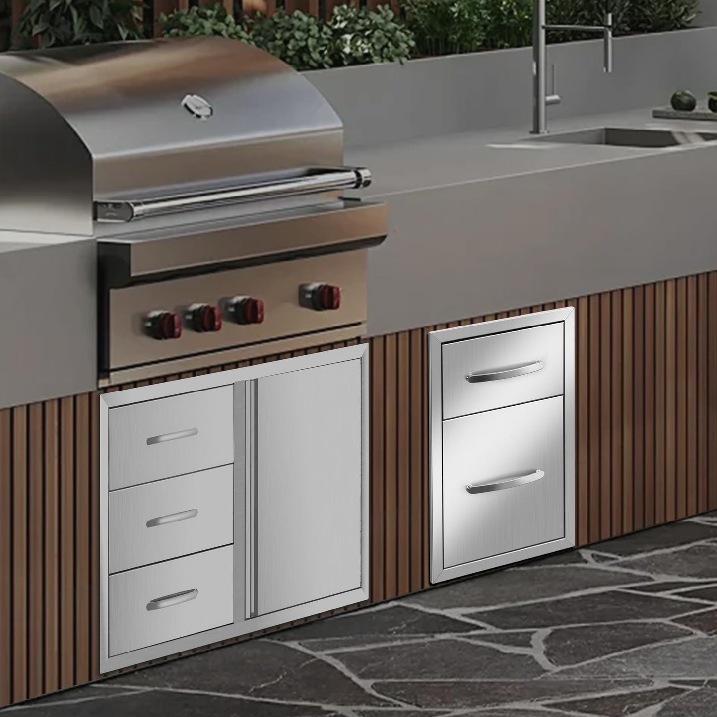 Migoda Outdoor Kitchen BBQ Drawers Stainless Steel Built-in with Handle Weatherproof Storage for Outdoor Grill Station Accessories (13''W x 20.5''H x 21''D)