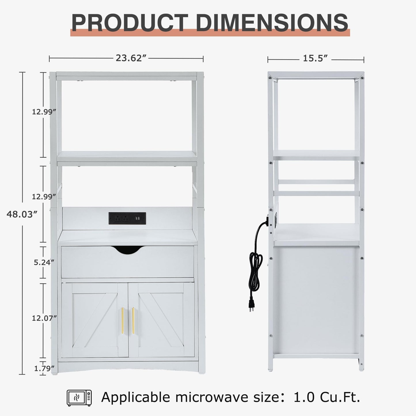 VECELO Kitchen Pantry Cabinet with Charging Station, Freestanding 2-Tier Storage Cupboard, Extra Tall & Wide Microwave Shelf, Farmhouse Style with Drawer, White