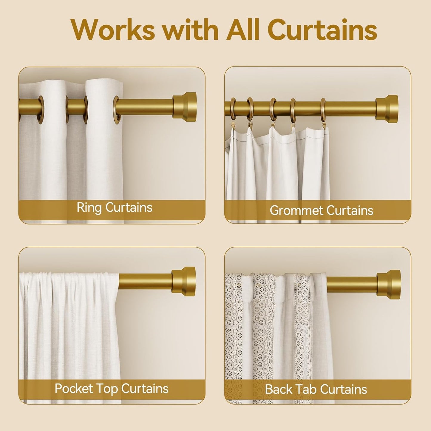 YaFex Curtain Rods - Heavy Duty 1 Inch Adjustable Window Treatment Rods | 32-118 Inch, Modern Gold Design