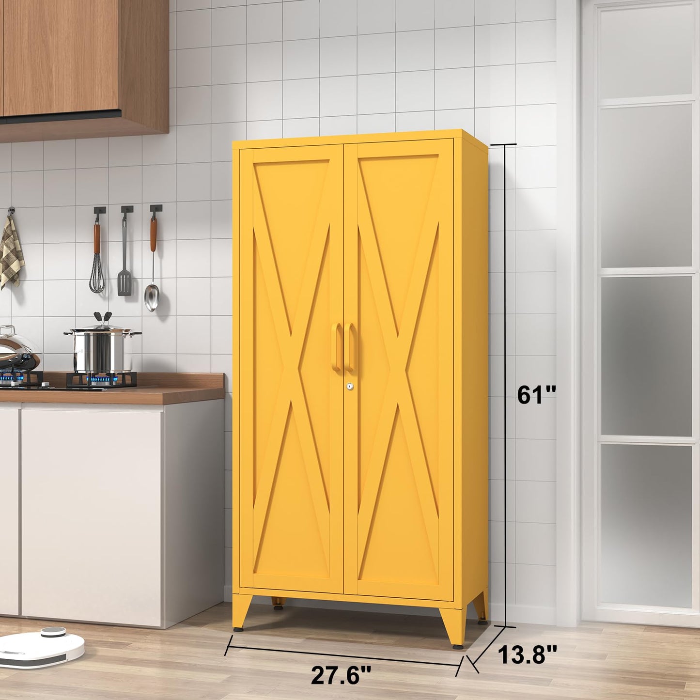 Aiasuit Lockable Metal Pantry Cabinet with 3 Adjustable Shelves, Heavy Duty 4-Tier Storage Organizer, 2-Door Locker for Kitchen & Entryway and Hallway Yellow