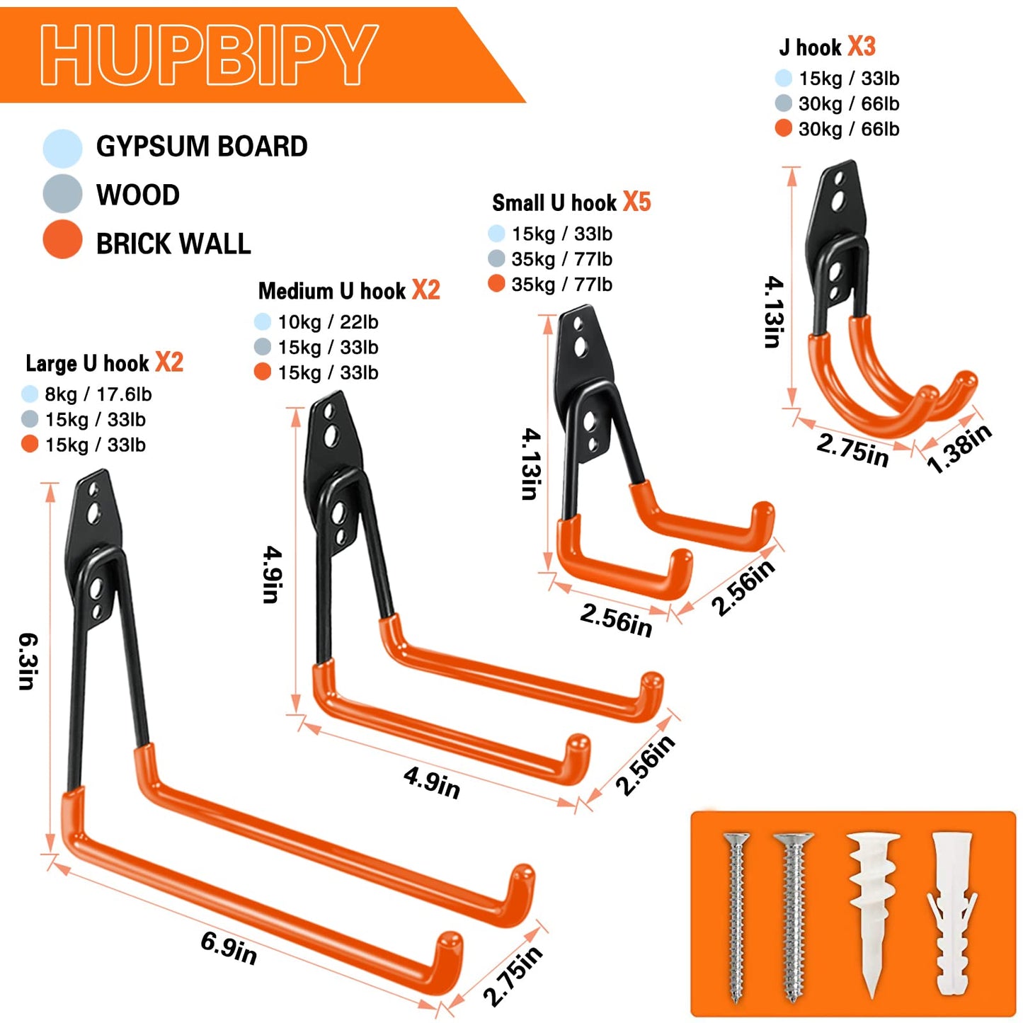 HUPBIPY 12 Pack Garage Hooks Heavy Duty Utility Steel with Anti-Slip Coating Wall Mount Storage Organizer for Hanging Power and Garden Tools, Ladders, Hose, Bikes, Ropes, Bulk Items, and More