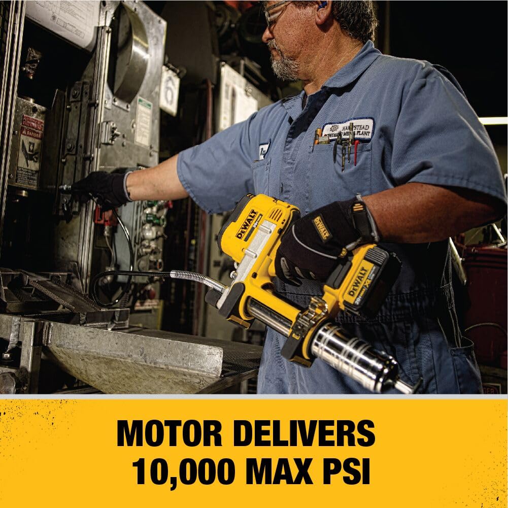 DEWALT Grease Gun Kit 20V MAX with 4.0Ah Battery and Charger, Cordless Grease Gun, LED Light, 42” Hose, 10,000 PSI, Variable Speed Triggers (DCGG571M1)