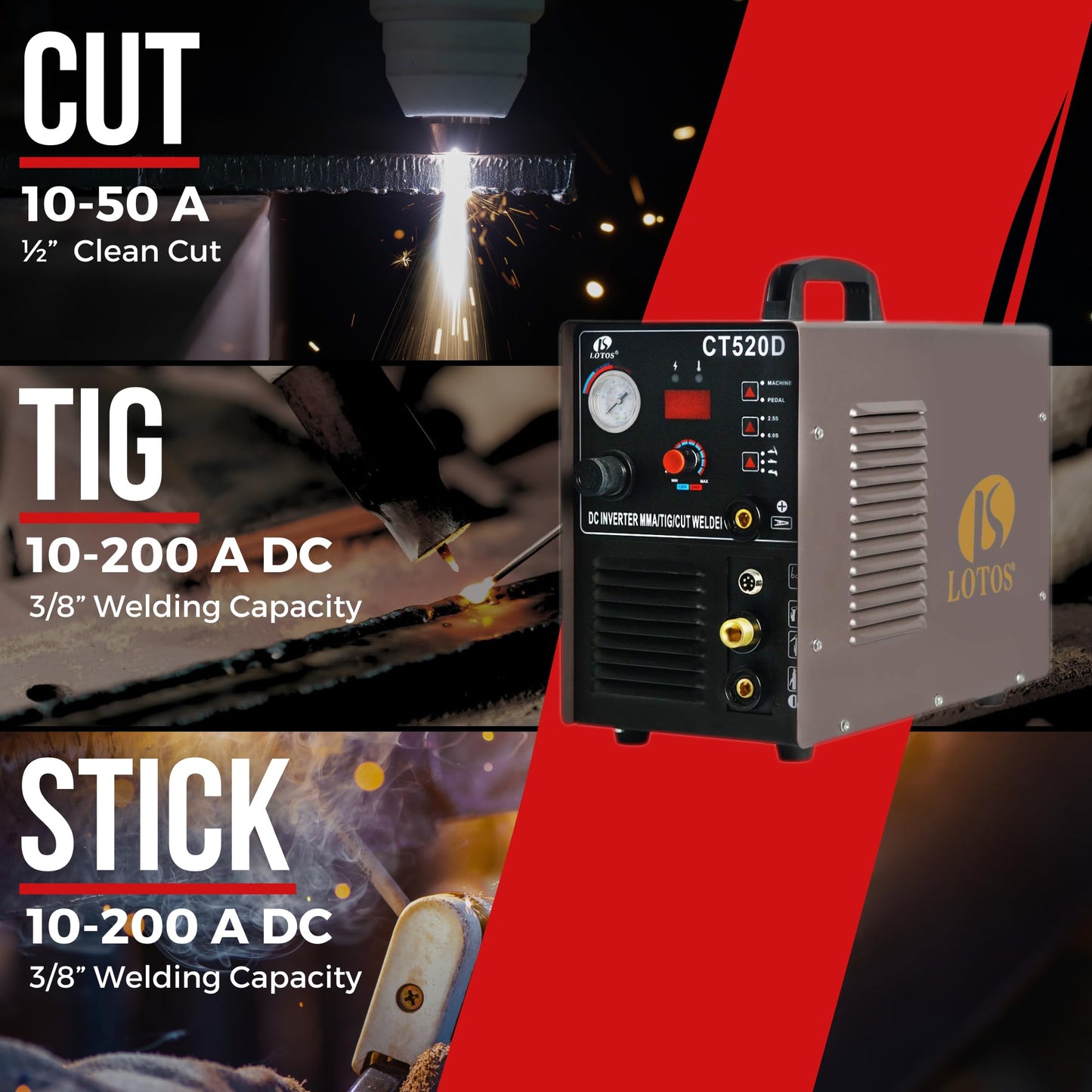 LOTOS CT520D 50 AMP Air Plasma Cutter, 200 AMP Tig and Stick/MMA/ARC Welder 3 in 1 Combo Welding Machine, 5/8 Inch Clean Cut, Brown