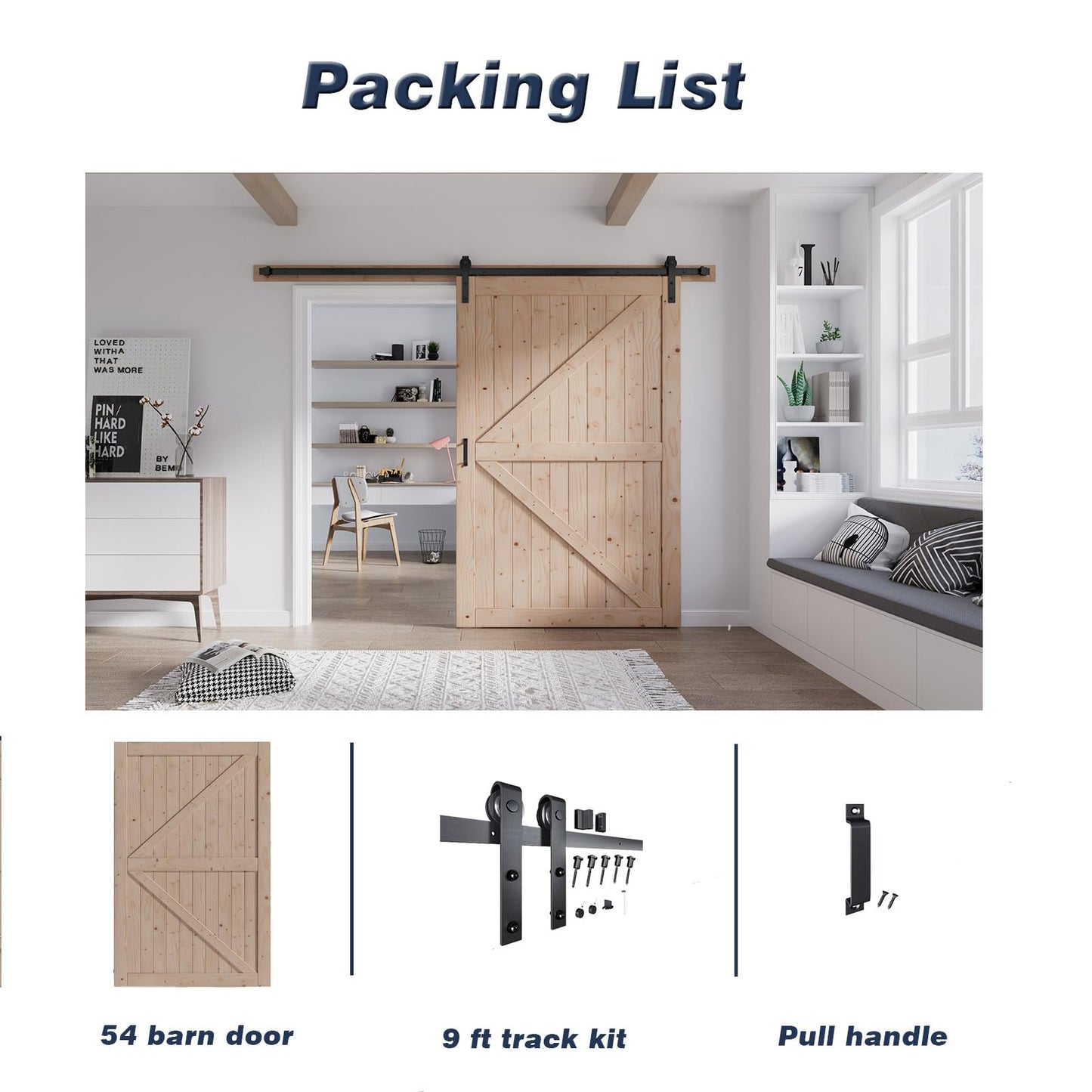 FREDBECK 54in x 80in Wood Barn Door with 9FT Barn Door Hardware Kit Included K Shape Solid Spruce Panel Need to Assembly