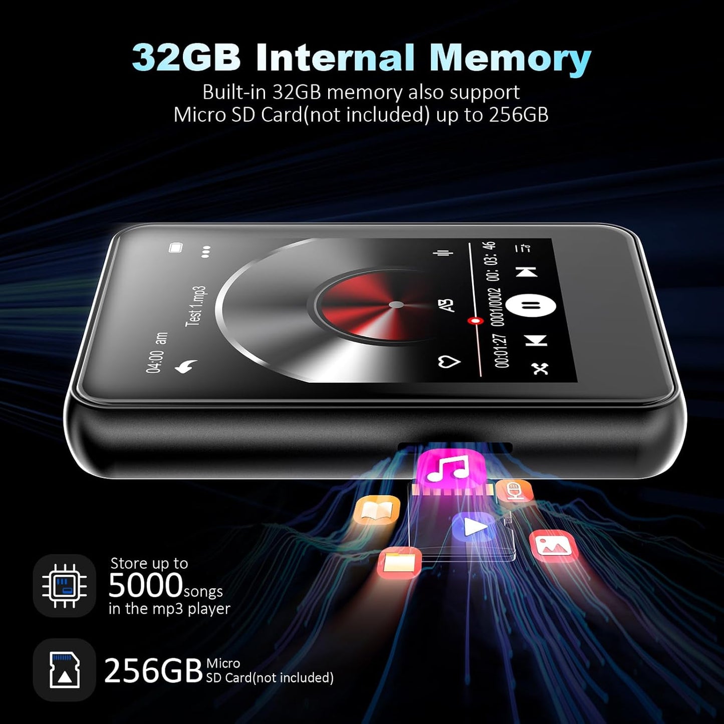 JOJOLEPAI MP3 32GB Player with Bluetooth - Touch Screen Portable Music Player with Speaker, FM Radio, Expandable Memory
