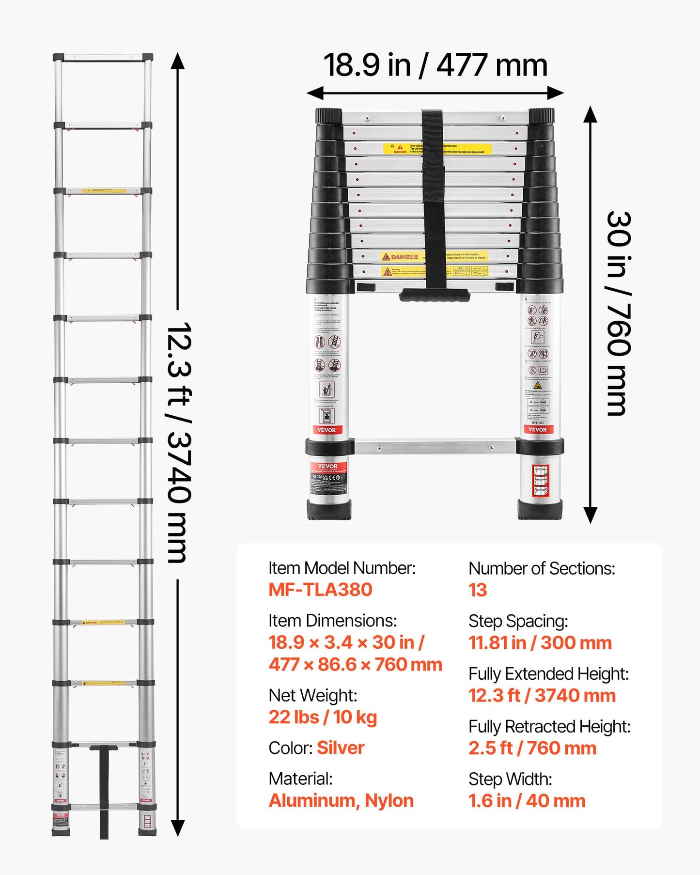 VEVOR 12.5ft Telescoping Ladder, Aluminum Lightweight Multi-Purpose Collapsible Extension, One-Touch Retraction Ladder, Heavy Duty 330LBS Max Capacity with Non-Slip Feet, for Home, Outdoor Work, Loft