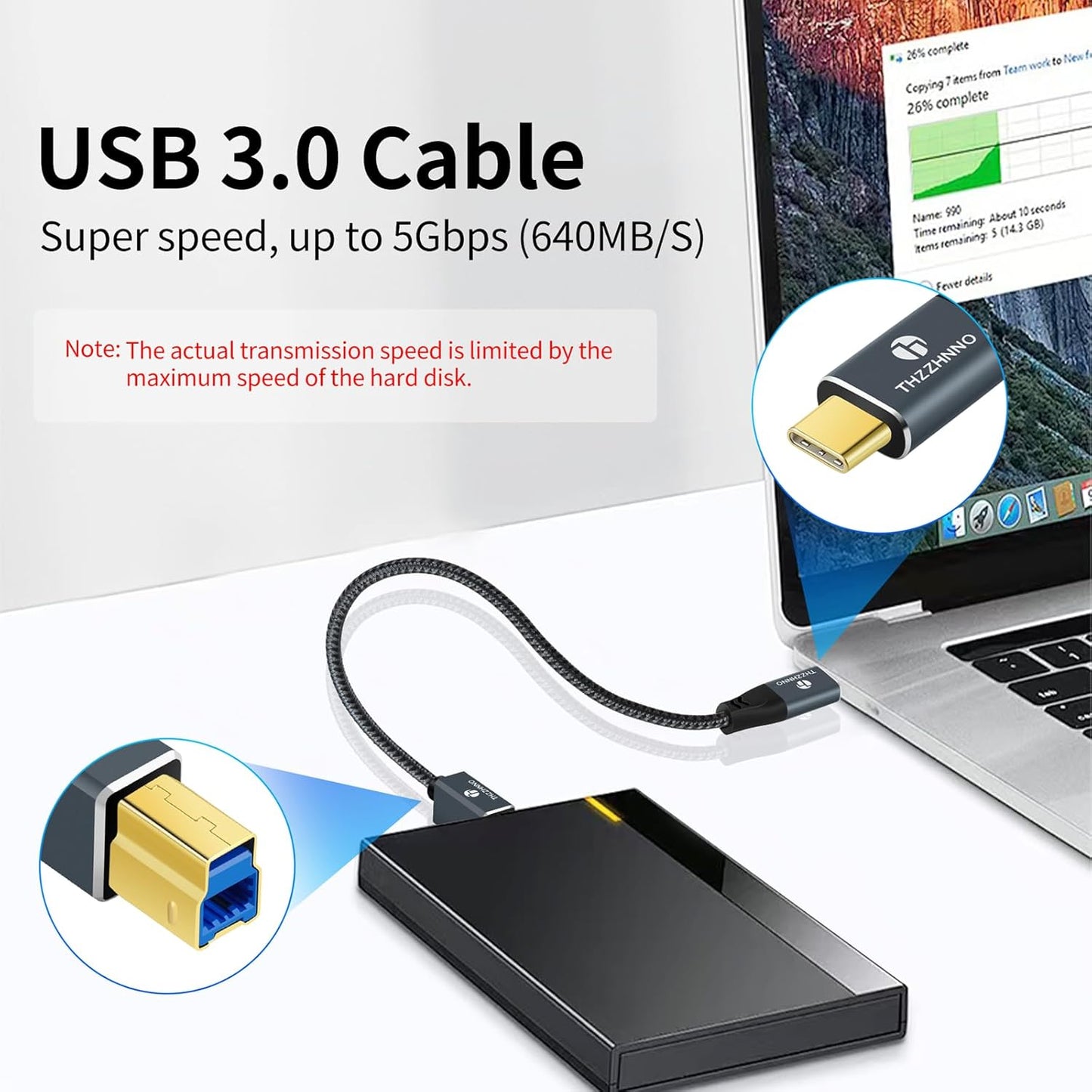 3.3FT, 3.0 3.1 USB C to USB B Cable Type C Male to Type B Male Printer Cable USB Type B Compatible with Docking