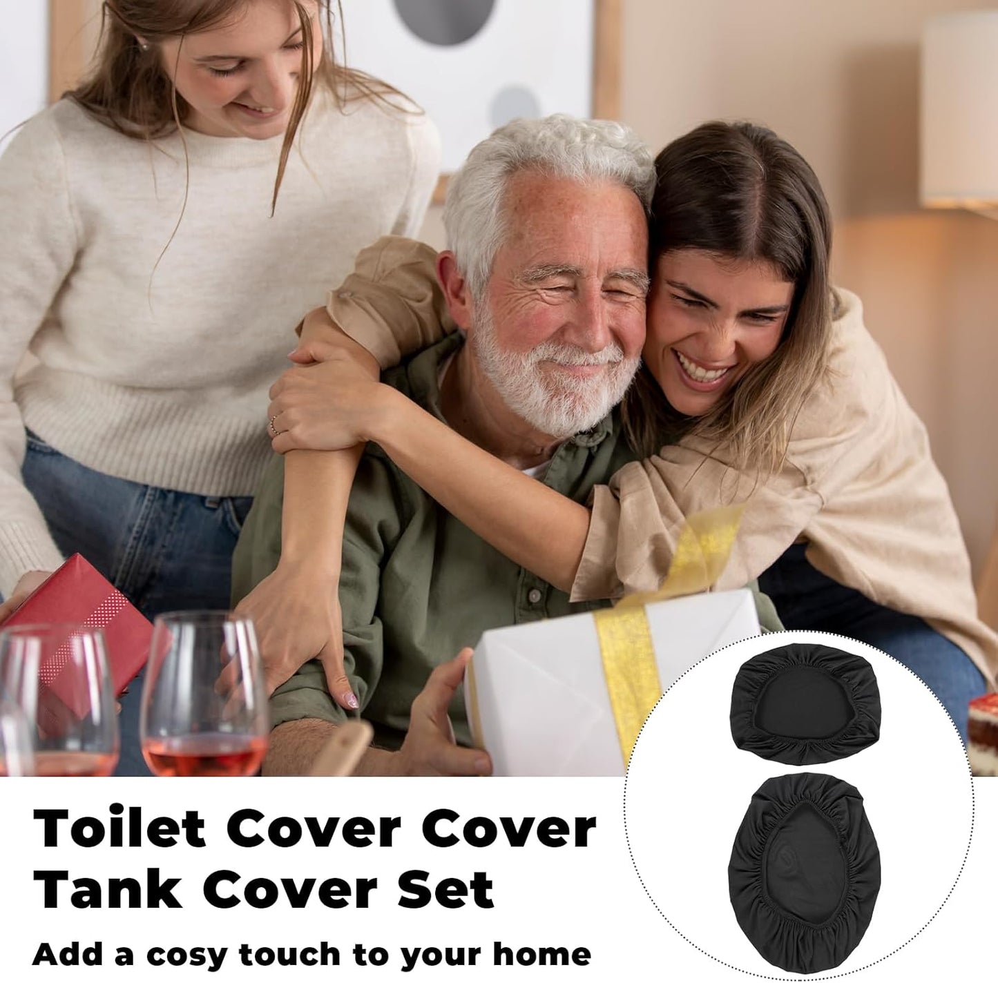 Skiennix Toilet Lid Cover Set - Soft Stretch Black Toilet Seat & Tank Covers for Universal Fit