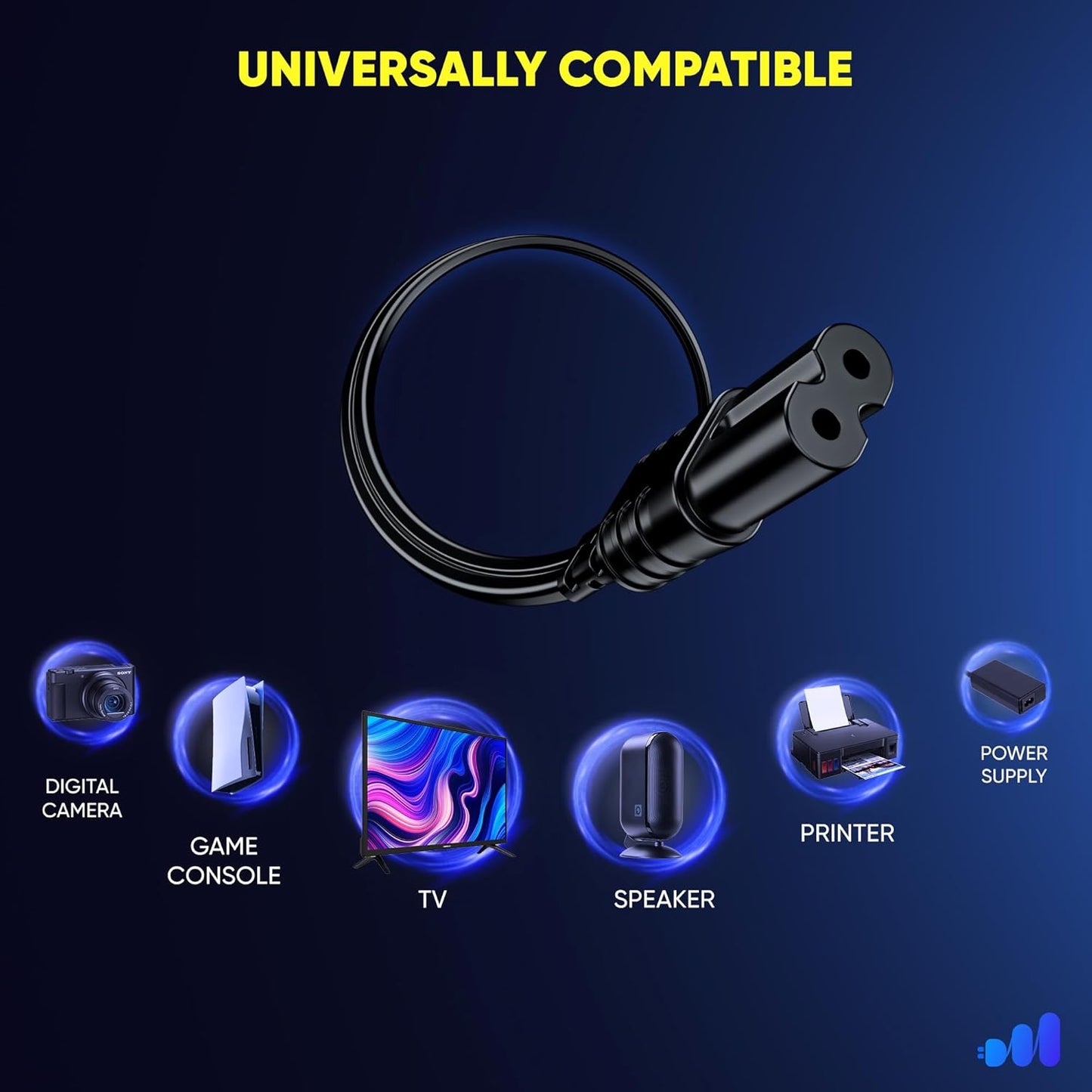 Maximm 2-Prong 12ft, 360 TV Power Cord Rotating Flat Plug, UL Certified, Non-Polarized, Compatible with Samsung, LG