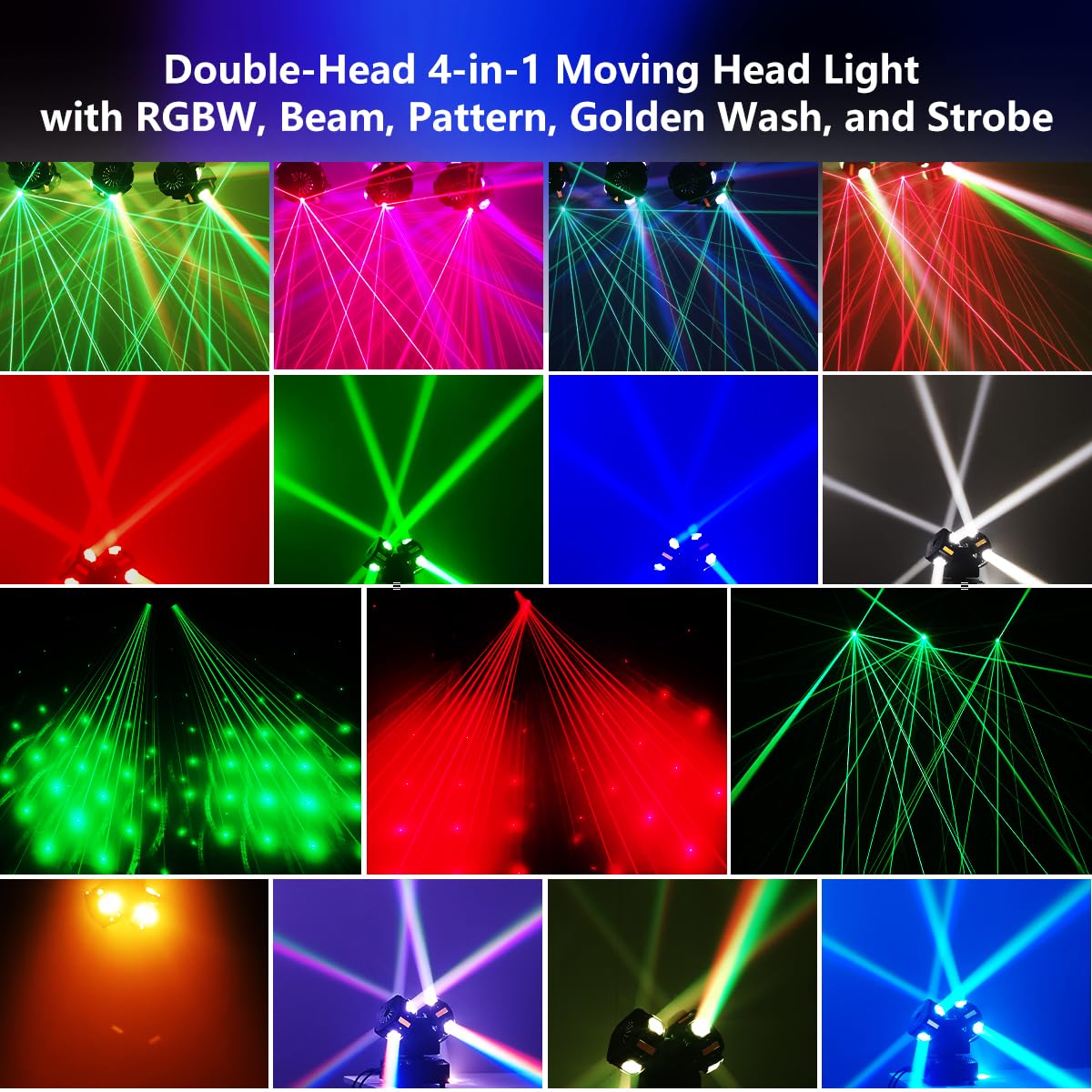 Double Head 4-in-1 RGB Moving Head DJ Light Dual Channel Independent Control RGB Beam Golden Strobe Effects Sound Activated DMX512 Stage Lights for DJ Bar Party Wedding Birthday Celebration